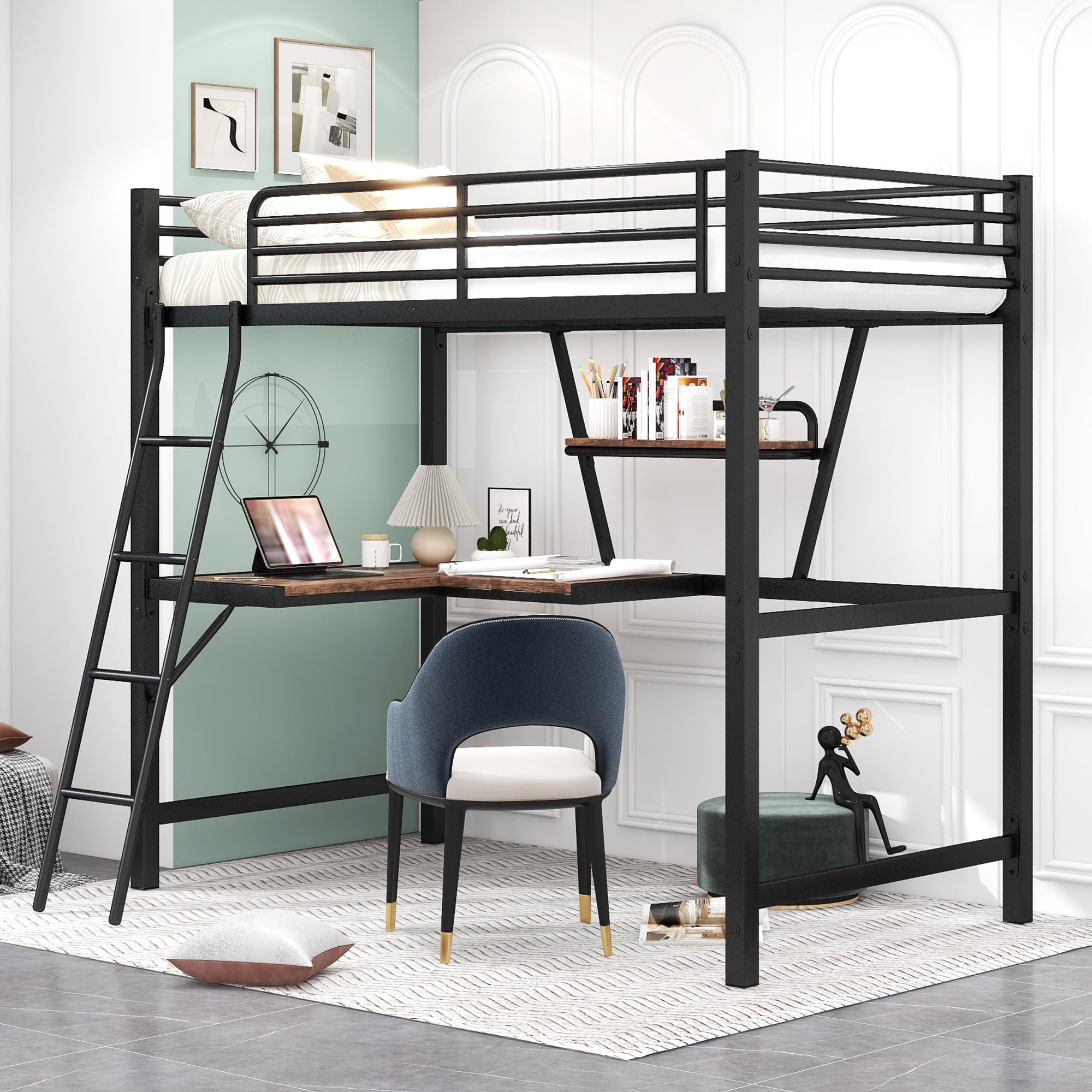 Aukfa Metal Twin Loft Bed with Builtin Desk and Shelf for Dormitory