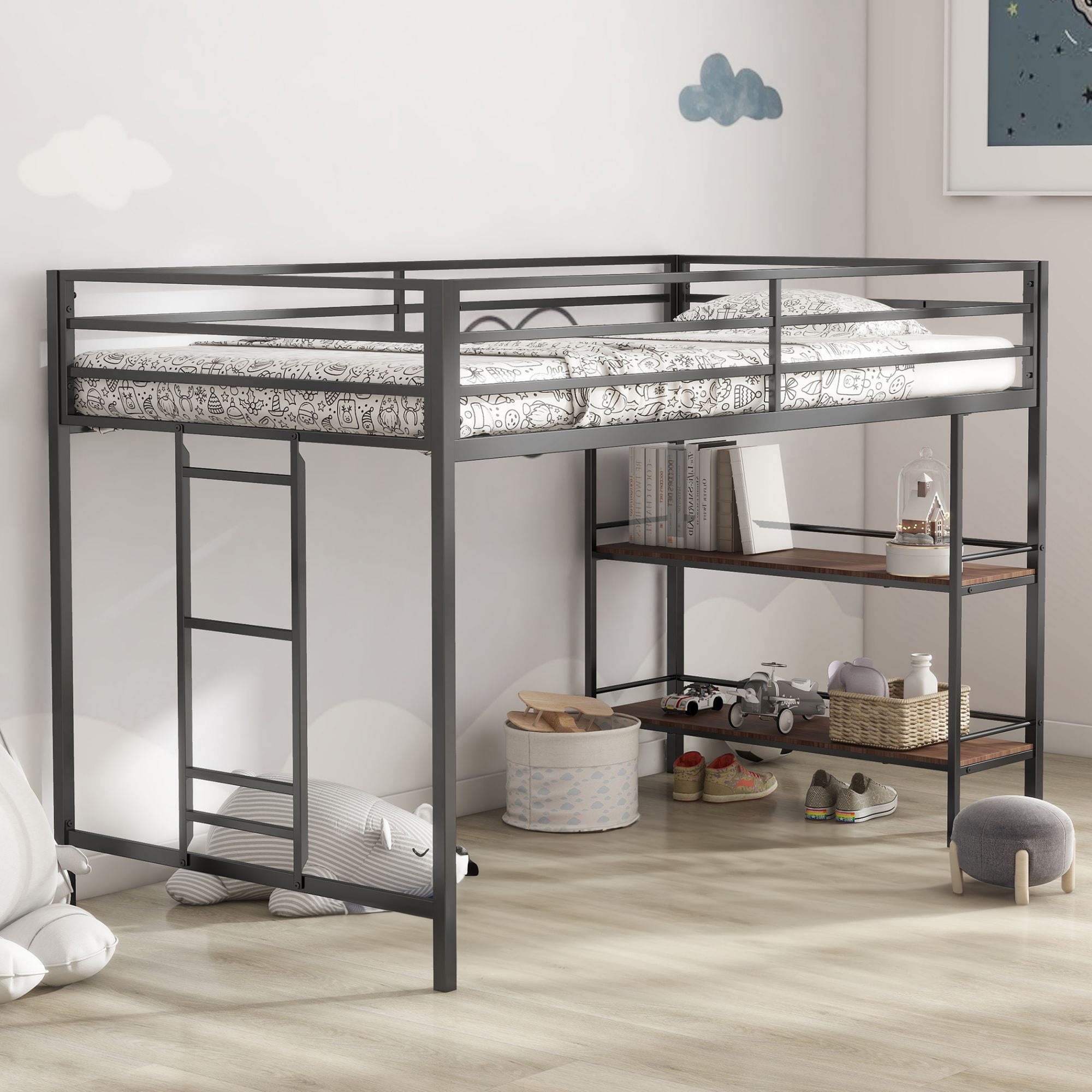 Aukfa Metal Twin Loft Bed with Built-in Shelves for Kids Teens