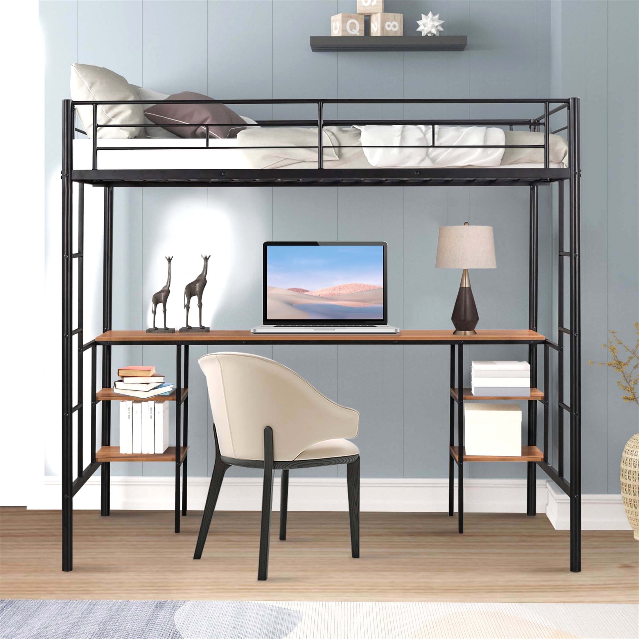 Aukfa Metal Twin Loft Bed with Desk and 4 Tier Bookshelf for Kids Teens Dorm Bedroom, Black