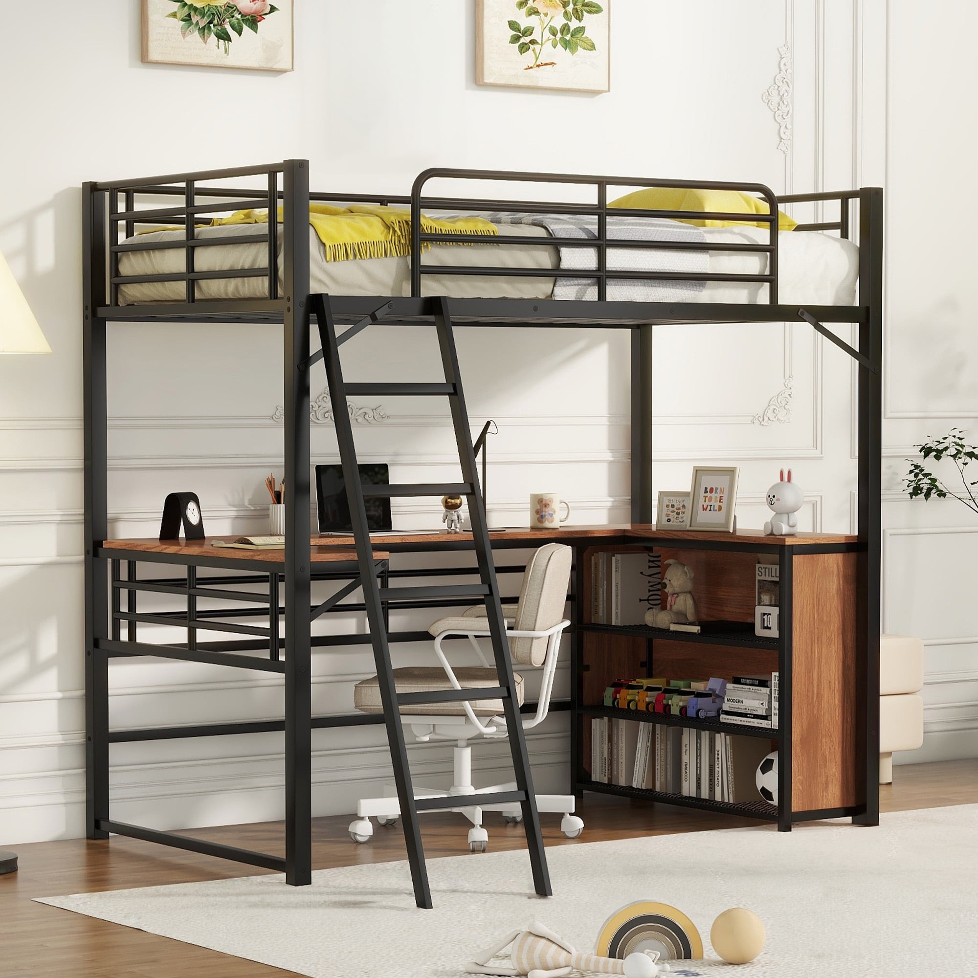 Aukfa Metal Twin Loft Bed with Desk and Storage Shelves, Heavy Duty Bed Frame for Kids Adults - Black
