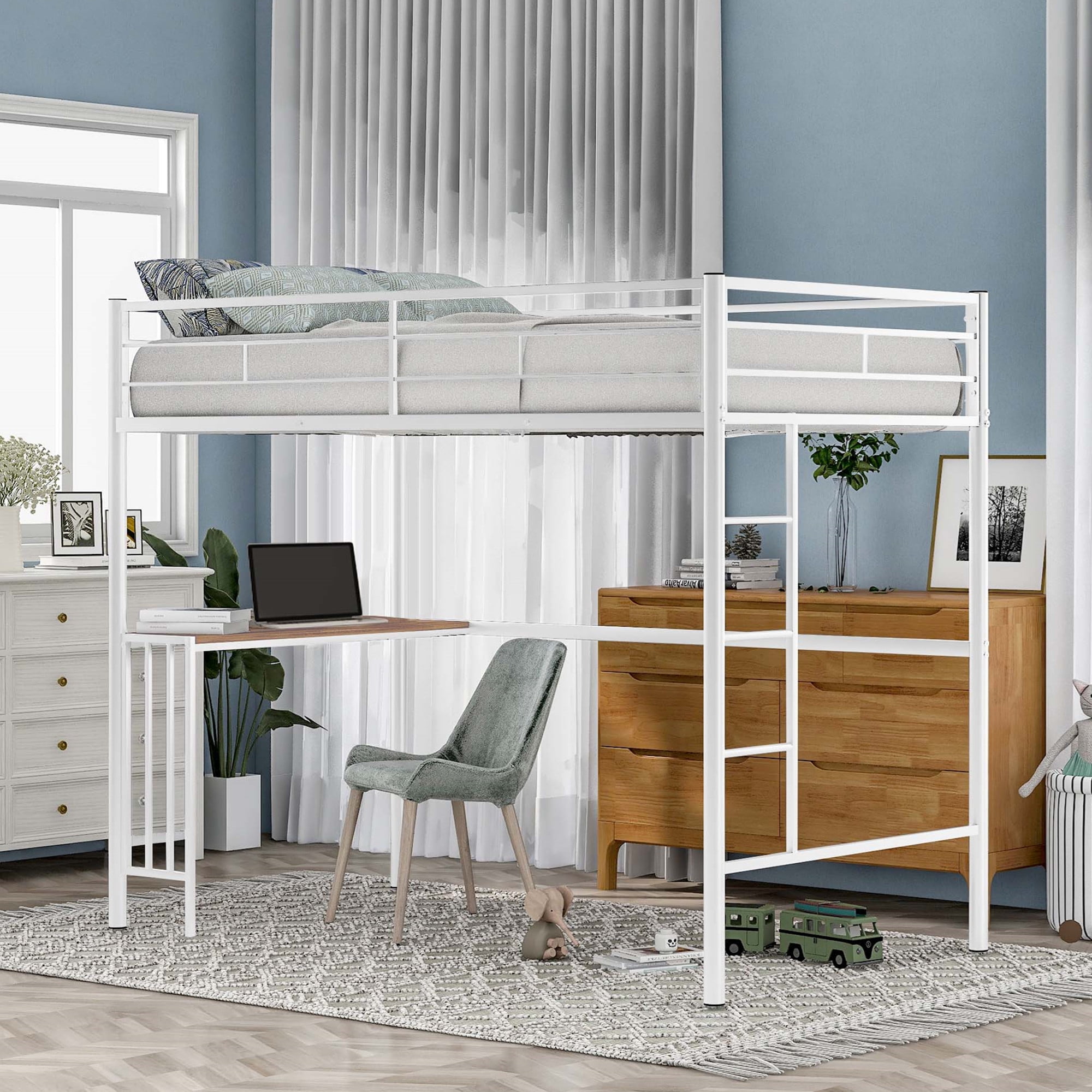 Aukfa Metal Twin Loft Bed with Desk for Kids Teens Dorm Bedroom, White