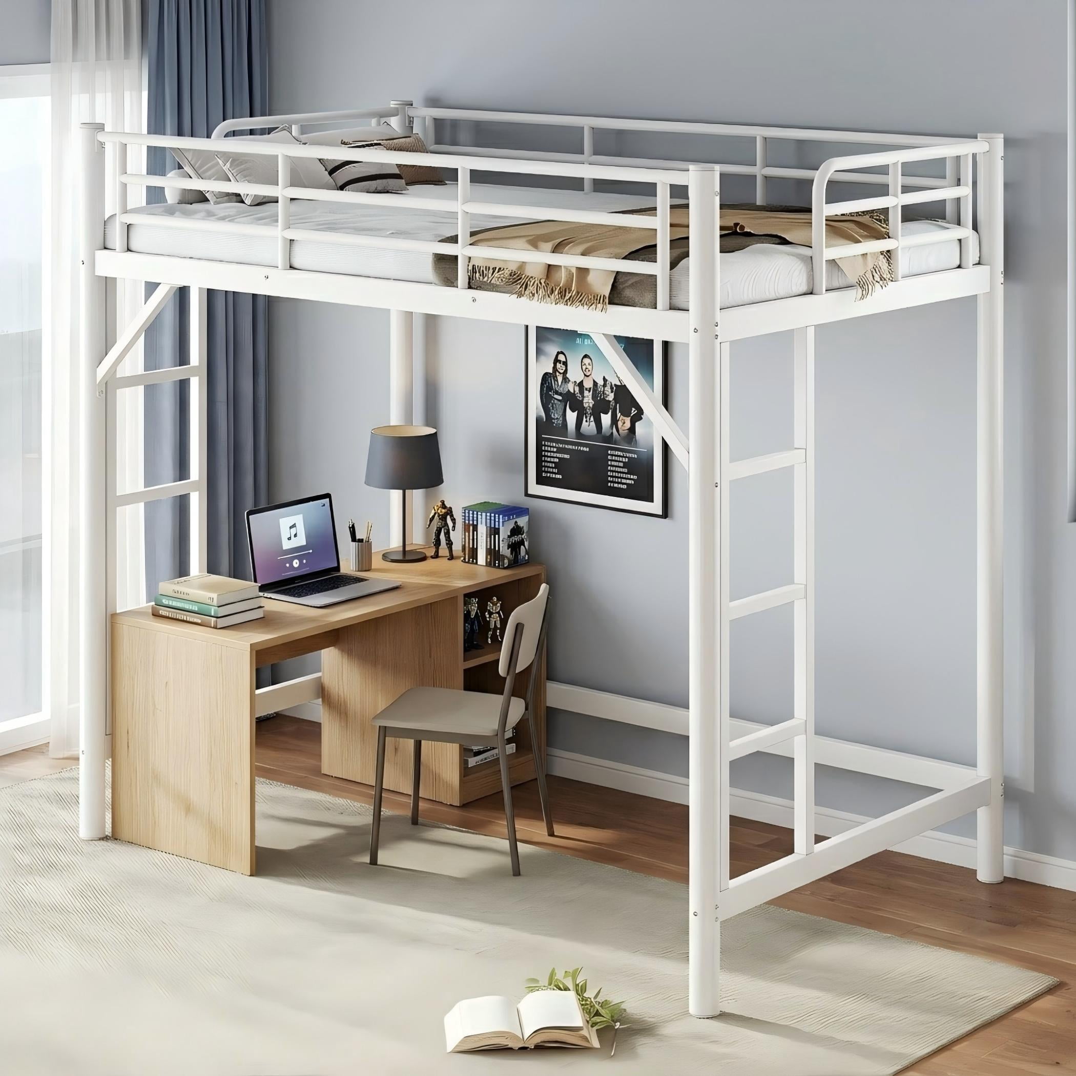 Aukfa Metal Twin Loft Bed with Dual Ladders, Space Saving Bed Frame for Kids, Teens & Dorm Bedroom, White