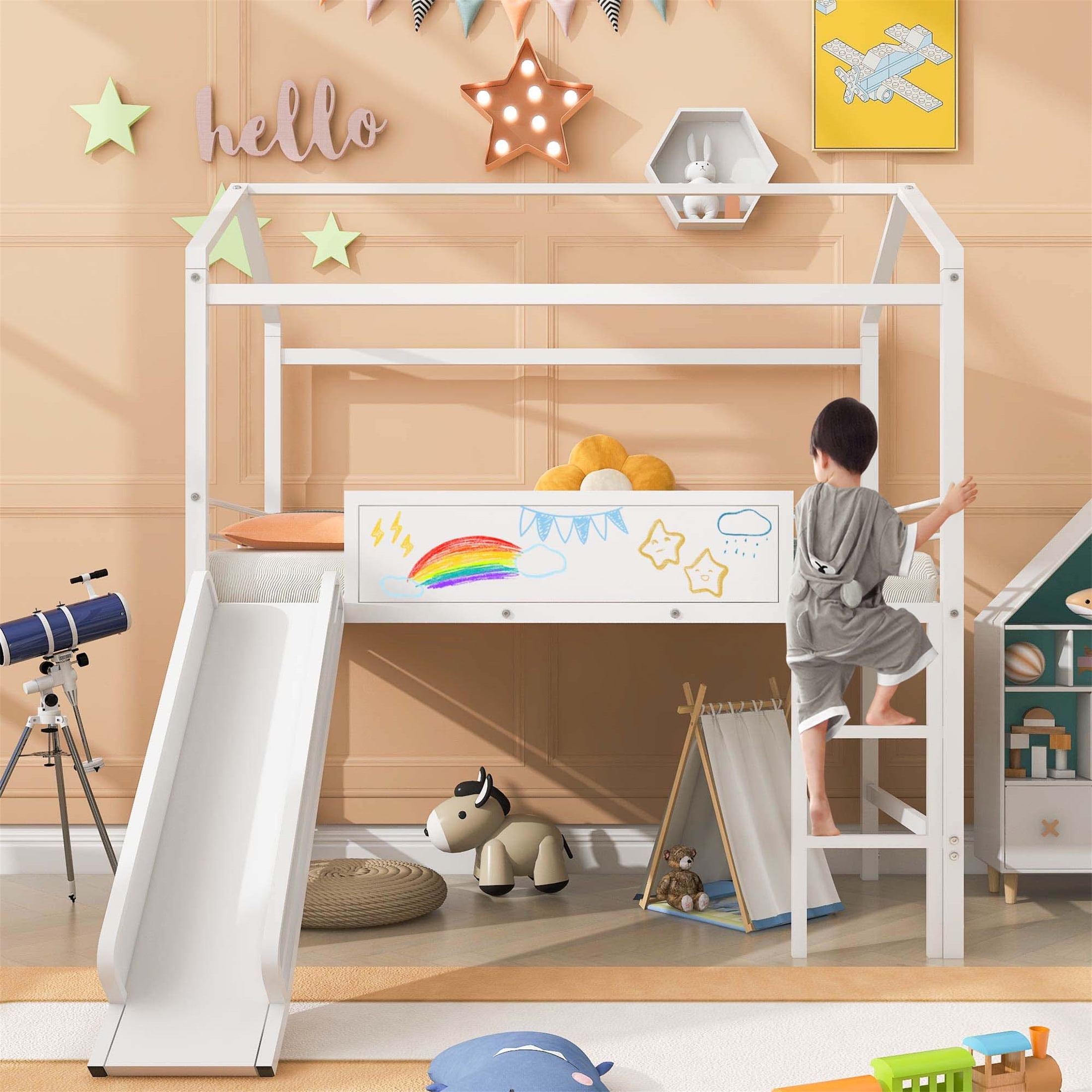 Aukfa Metal Twin Loft Bed with Slide - House Design - White - Walmart.com