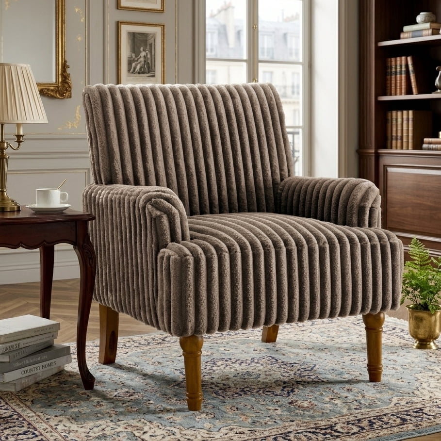 Aukfa Mid Century Corduroy Accent Chair, Wide Wale Upholstered Armchair with 9" Wood Legs for Living Room Bedroom,Dark Coffee