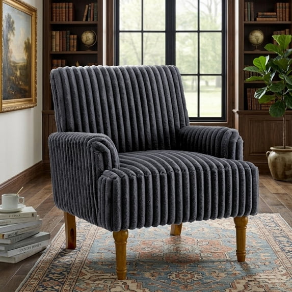 Aukfa Mid Century Corduroy Accent Chair, Wide Wale Upholstered Armchair with 9" Wood Legs for Living Room Bedroom,Gray