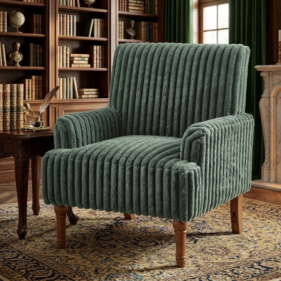 Aukfa Mid Century Corduroy Accent Chair, Wide Wale Upholstered Armchair with 9" Wood Legs for Living Room Bedroom,Green