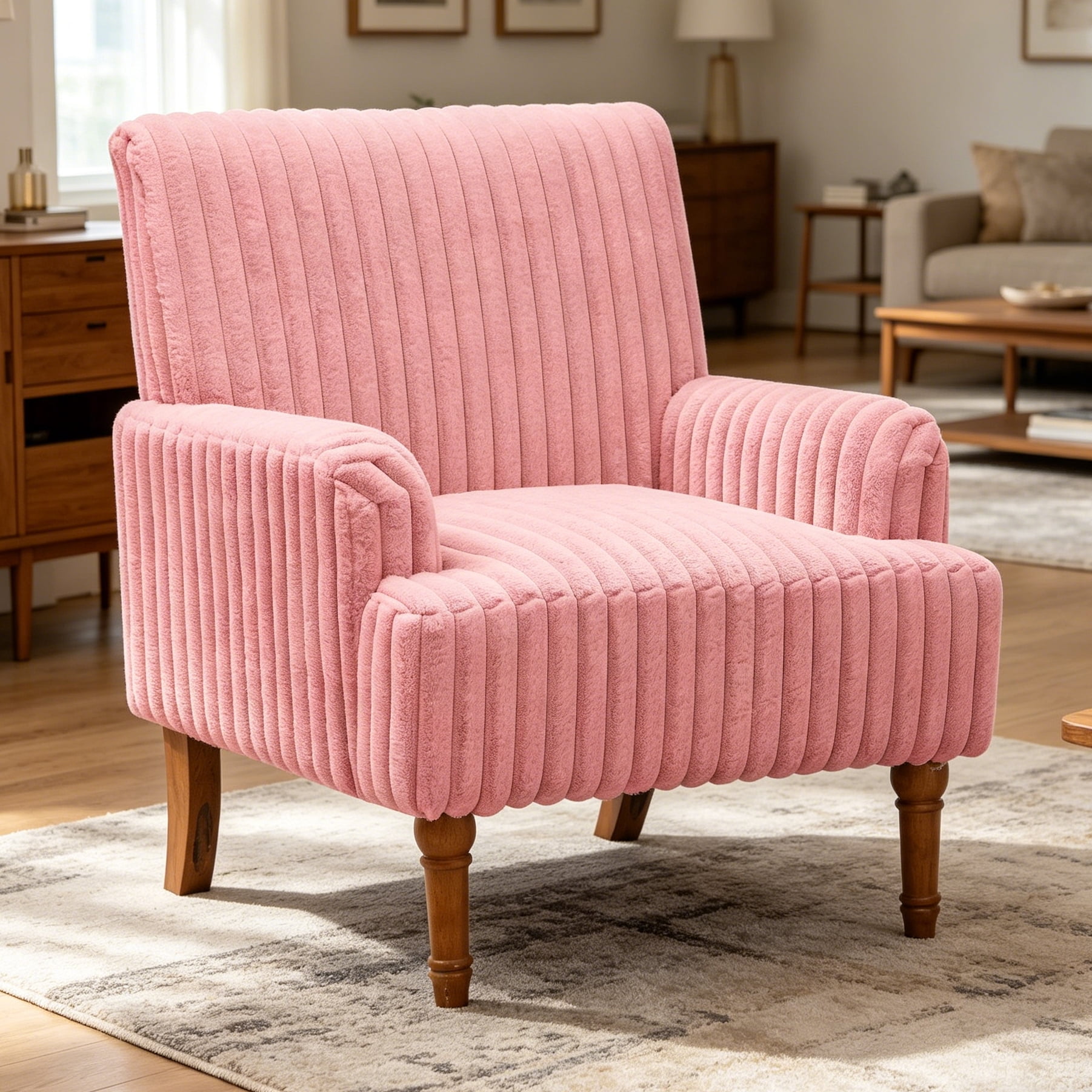 Aukfa Mid Century Corduroy Accent Chair, Wide Wale Upholstered Armchair with 9" Wood Legs for Living Room Bedroom,Pink
