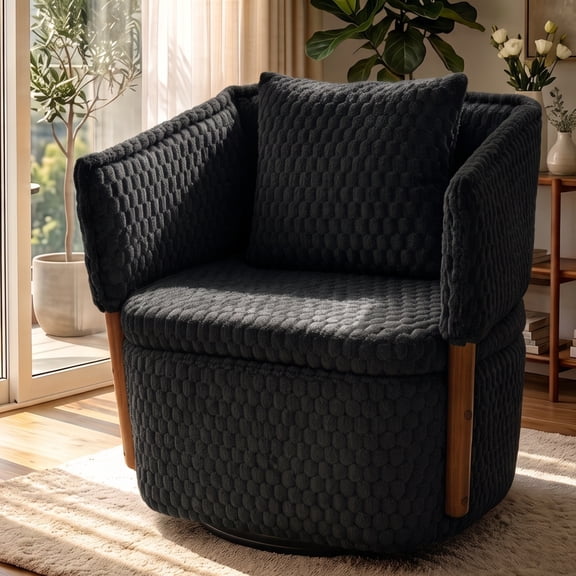Aukfa Mid Century Modern 360 Swivel Accent Barrel Chair with Lumbar Pillow & Hidden Storage,Corduroy,Black