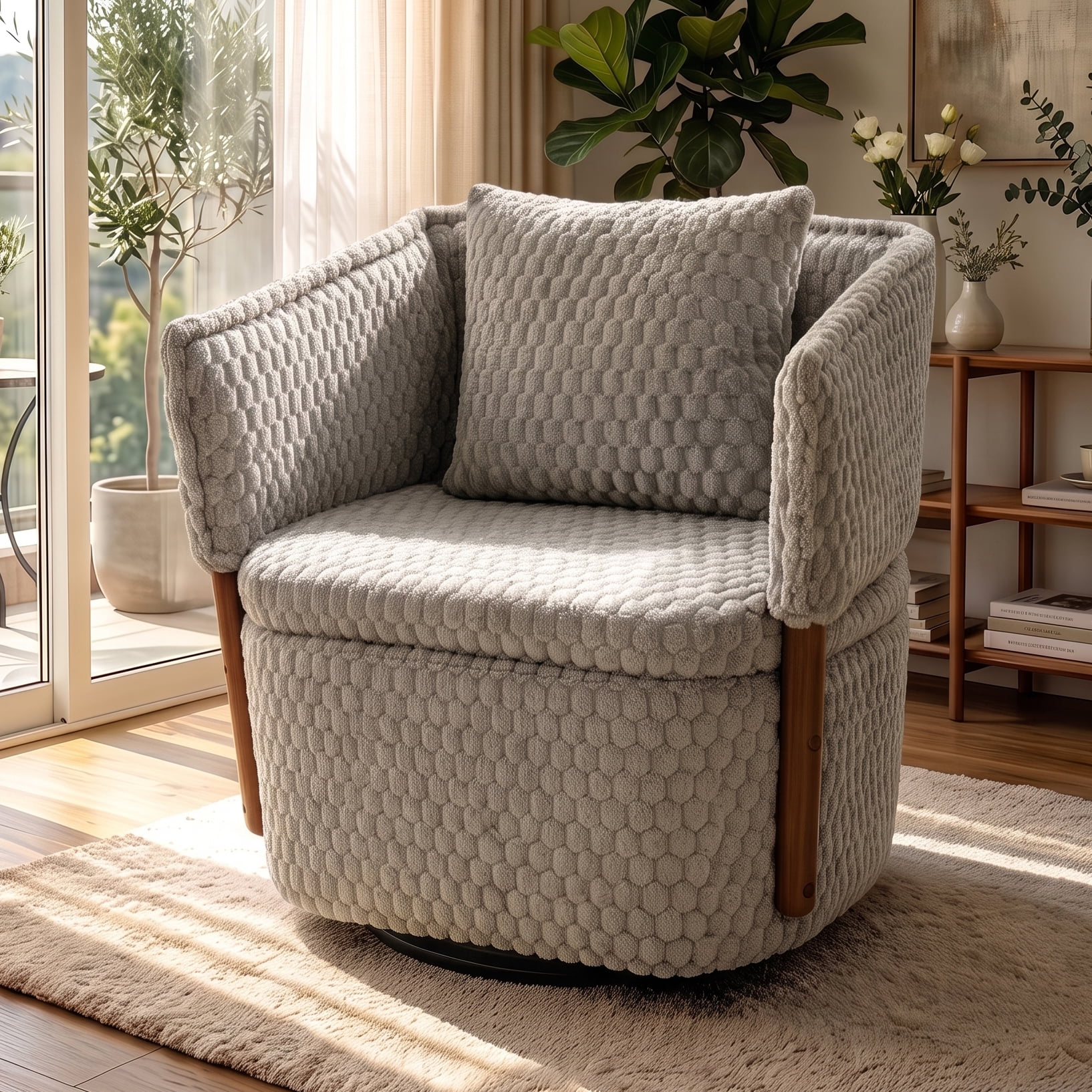 Aukfa Mid Century Modern 360 Swivel Accent Barrel Chair with Lumbar Pillow & Hidden Storage,Corduroy,Gray