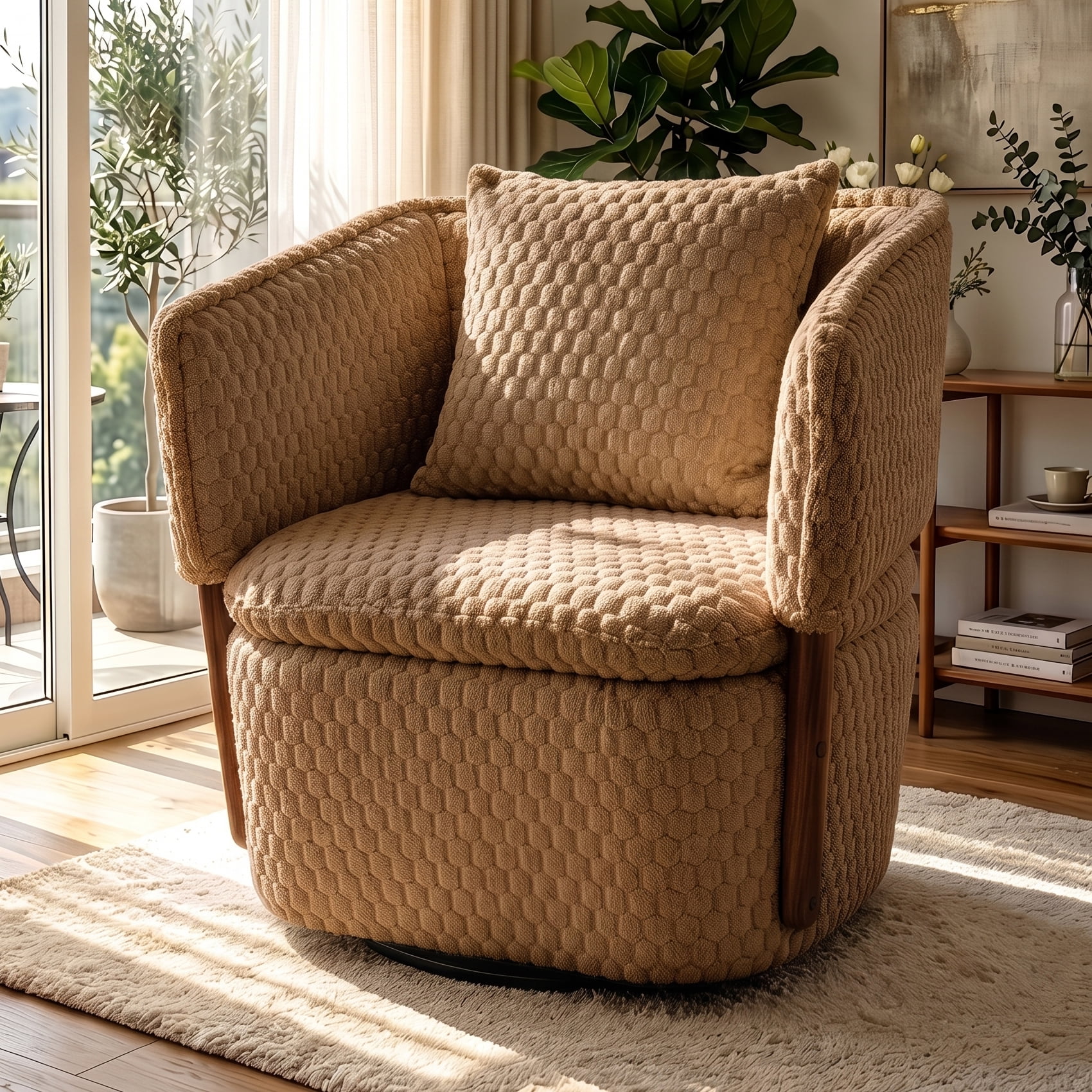 Aukfa Mid Century Modern 360 Swivel Accent Barrel Chair with Lumbar Pillow & Hidden Storage,Corduroy,Khaki