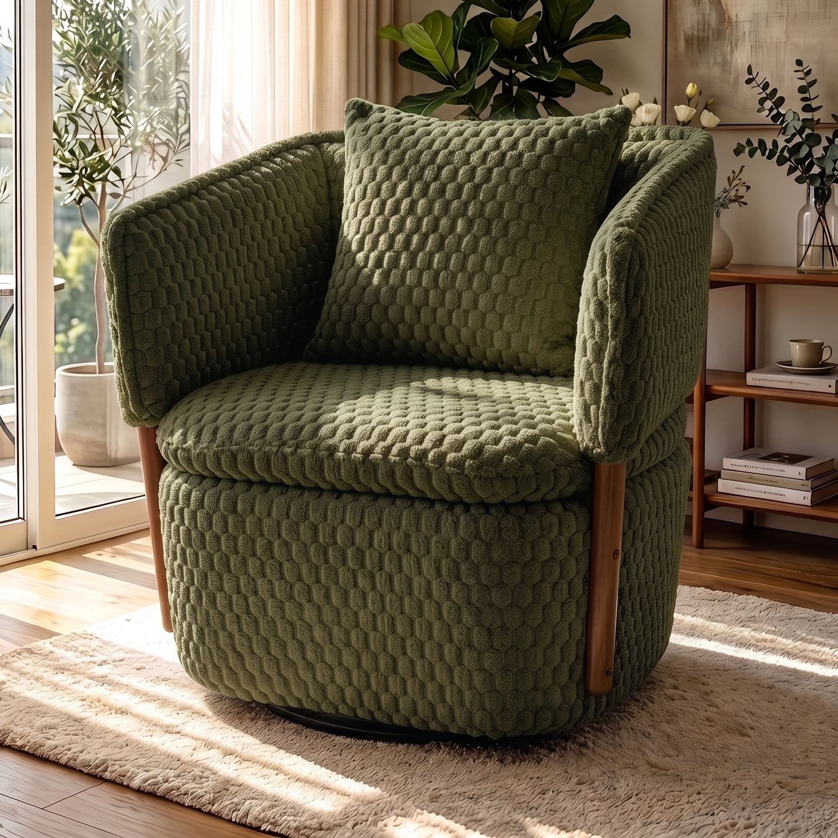 Aukfa Mid Century Modern 360 Swivel Accent Barrel Chair with Lumbar Pillow & Hidden Storage,Corduroy,Olive Green