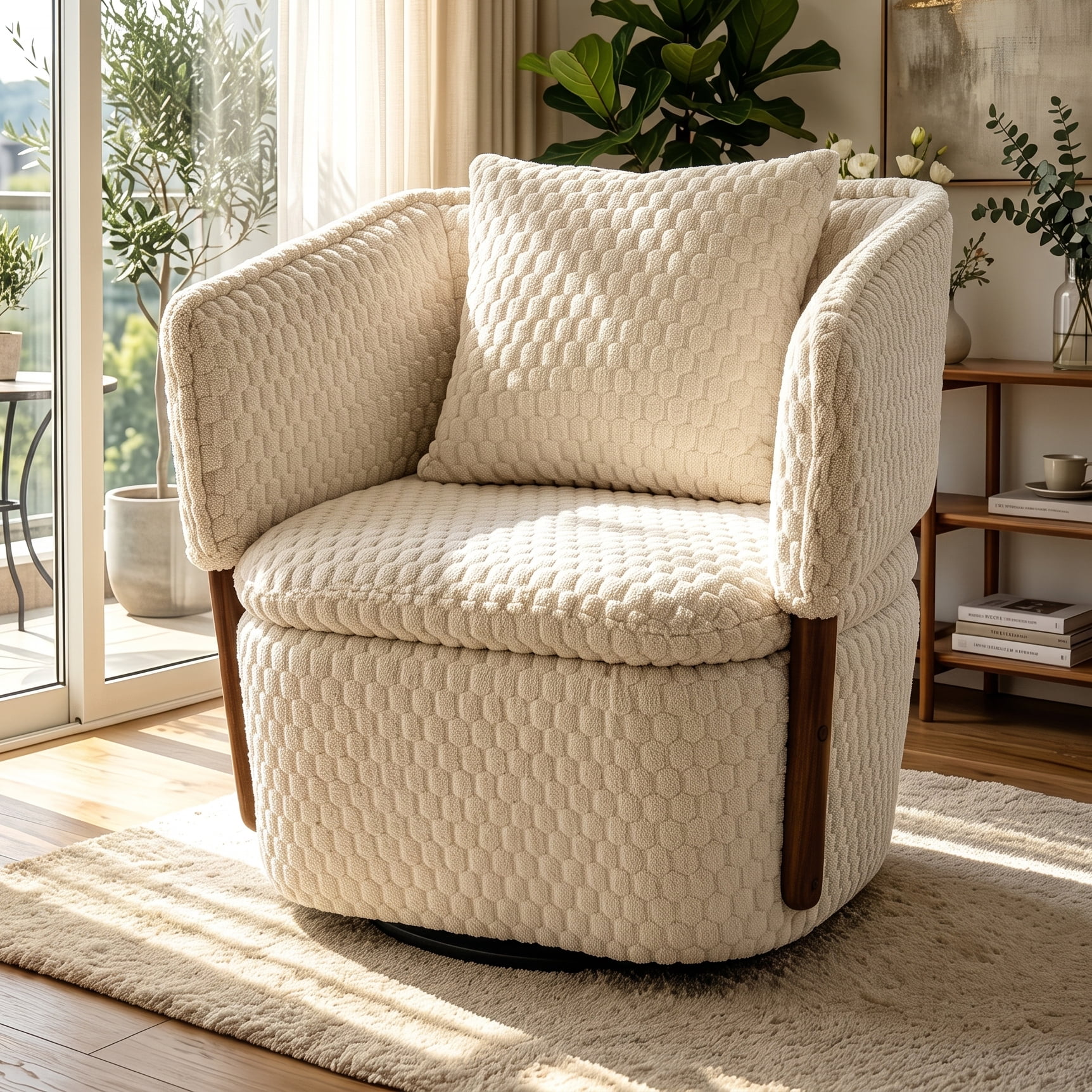 Aukfa Mid Century Modern 360 Swivel Accent Barrel Chair with Lumbar Pillow & Hidden Storage,Corduroy,White
