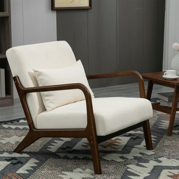 Aukfa Mid Century Modern Accent Chair w/ Lumbar Pillow for Living Room, Wood Frame, Velvet, Beige