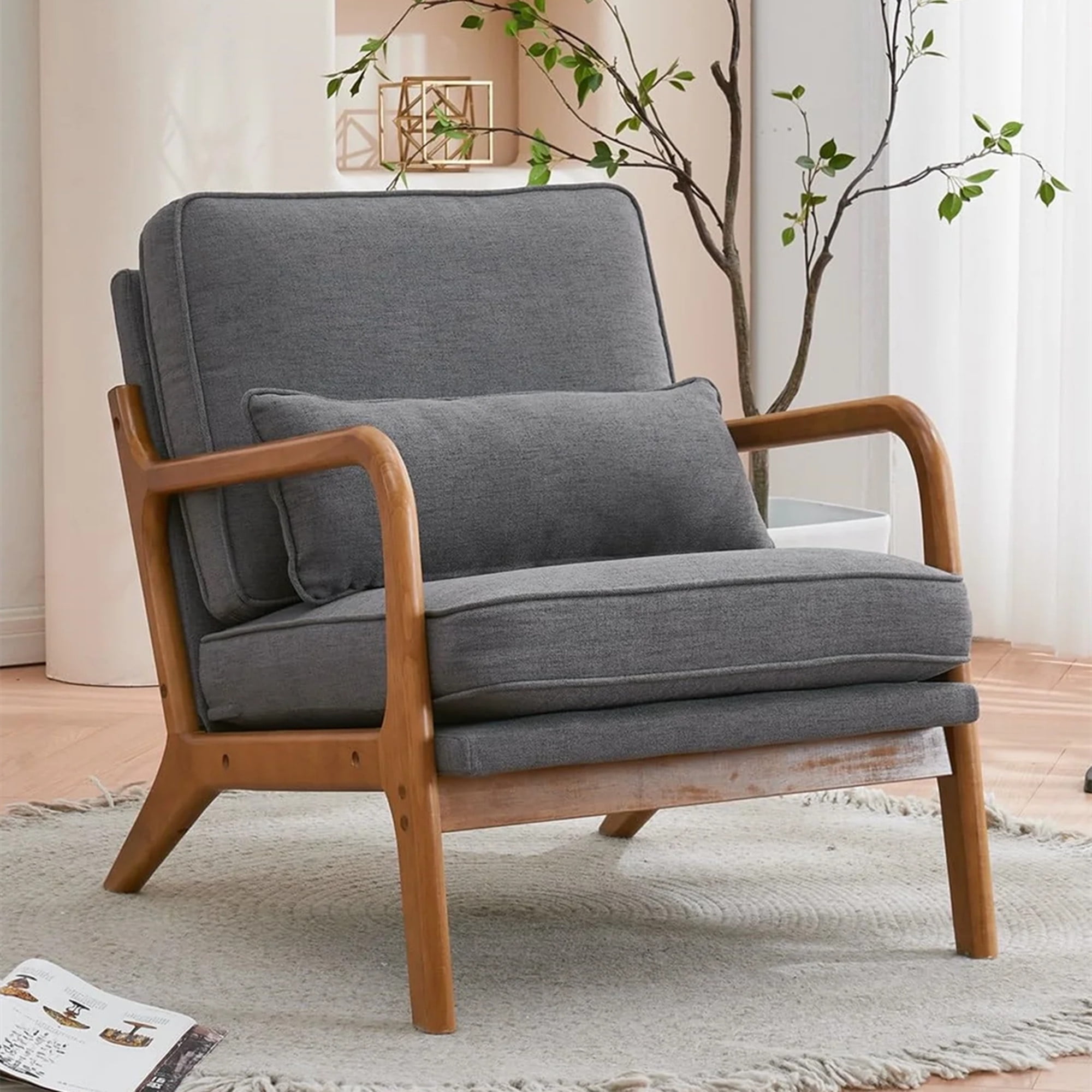 Aukfa Modern Accent Chair w/ Lumbar Pillow for Living Room, Mid Century, Wood Frame, Linen, Gray