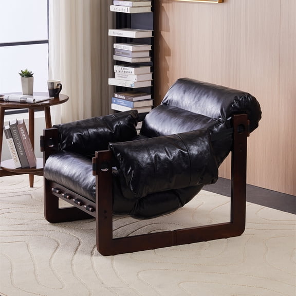 Aukfa Mid-Century Modern Chaise Lounge Indoor Chair for Living Room, Wood Frame, Leather, Black