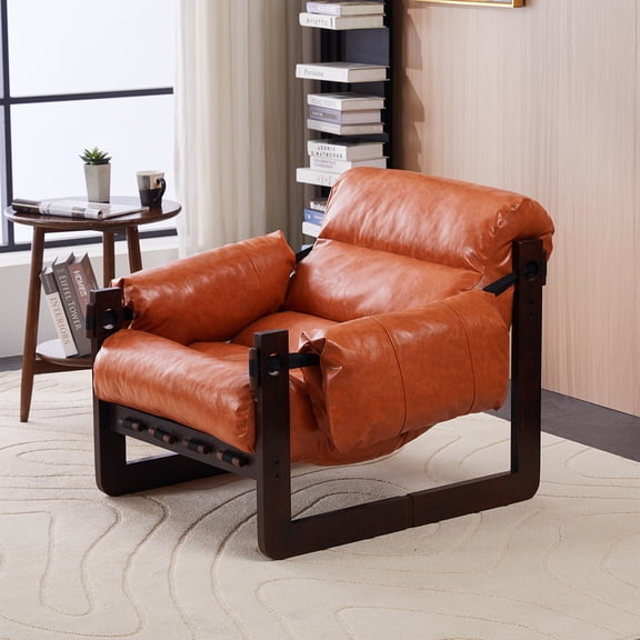 Aukfa Mid-Century Modern Chaise Lounge Indoor Chair for Living Room, Wood Frame, Leather, Retro Orange