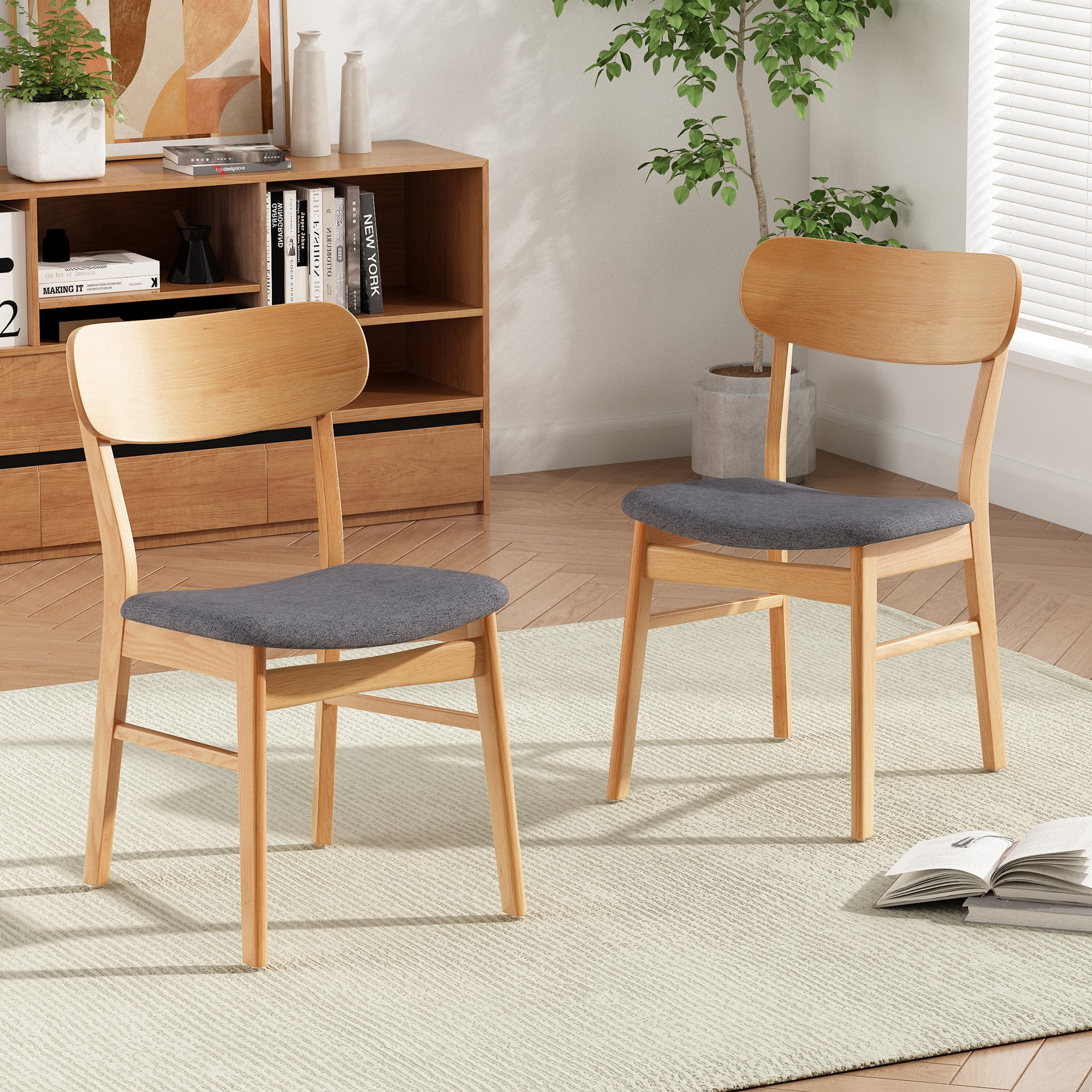 Aukfa Mid-Century Modern Dining Chairs Set of 2, Solid Rubberwood Side Chairs for Kitchen, Dining Room, Gary