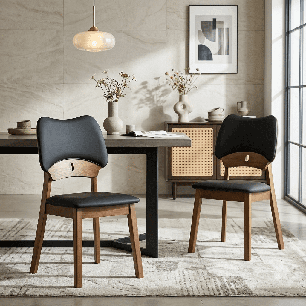 Aukfa Mid-Century Modern Dining Chairs Set of 2, Upholstered Accent Chairs with Solid Wood Legs & Curved Backrest, Walnut/Black