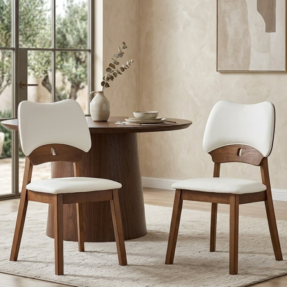 Aukfa Mid-Century Modern Dining Chairs Set of 2, Upholstered Accent Chairs with Solid Wood Legs & Curved Backrest, Walnut/Gray