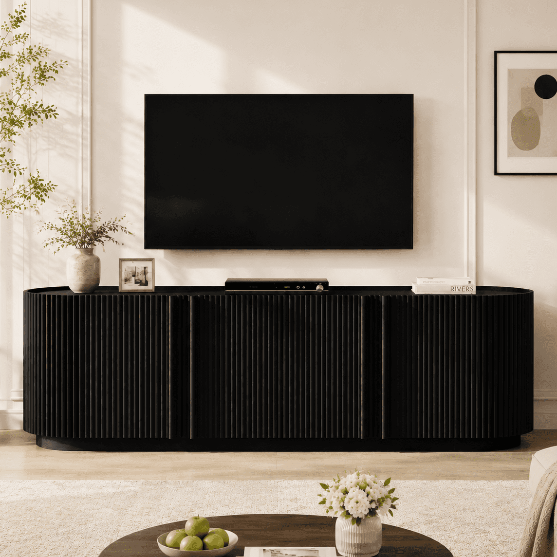 Aukfa Mid Century Modern Fluted TV Stand for TVs up to 70",Entertainment Center,Curved Design,Black