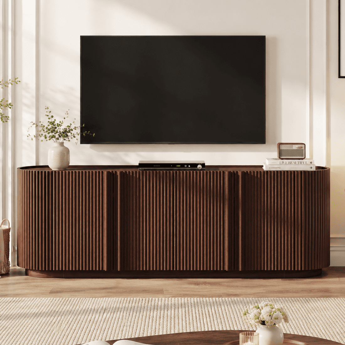 Aukfa Mid Century Modern Fluted TV Stand for TVs up to 70",Entertainment Center,Curved Design,Walnut