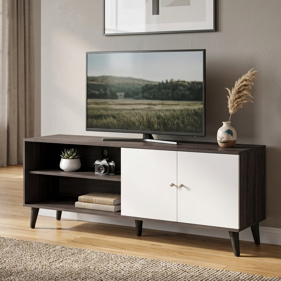 Aukfa Mid-Century Modern TV Stand for TVs up to 65", Wood Entertainment Center with 2 Doors, Low Profile Media Console,Gray