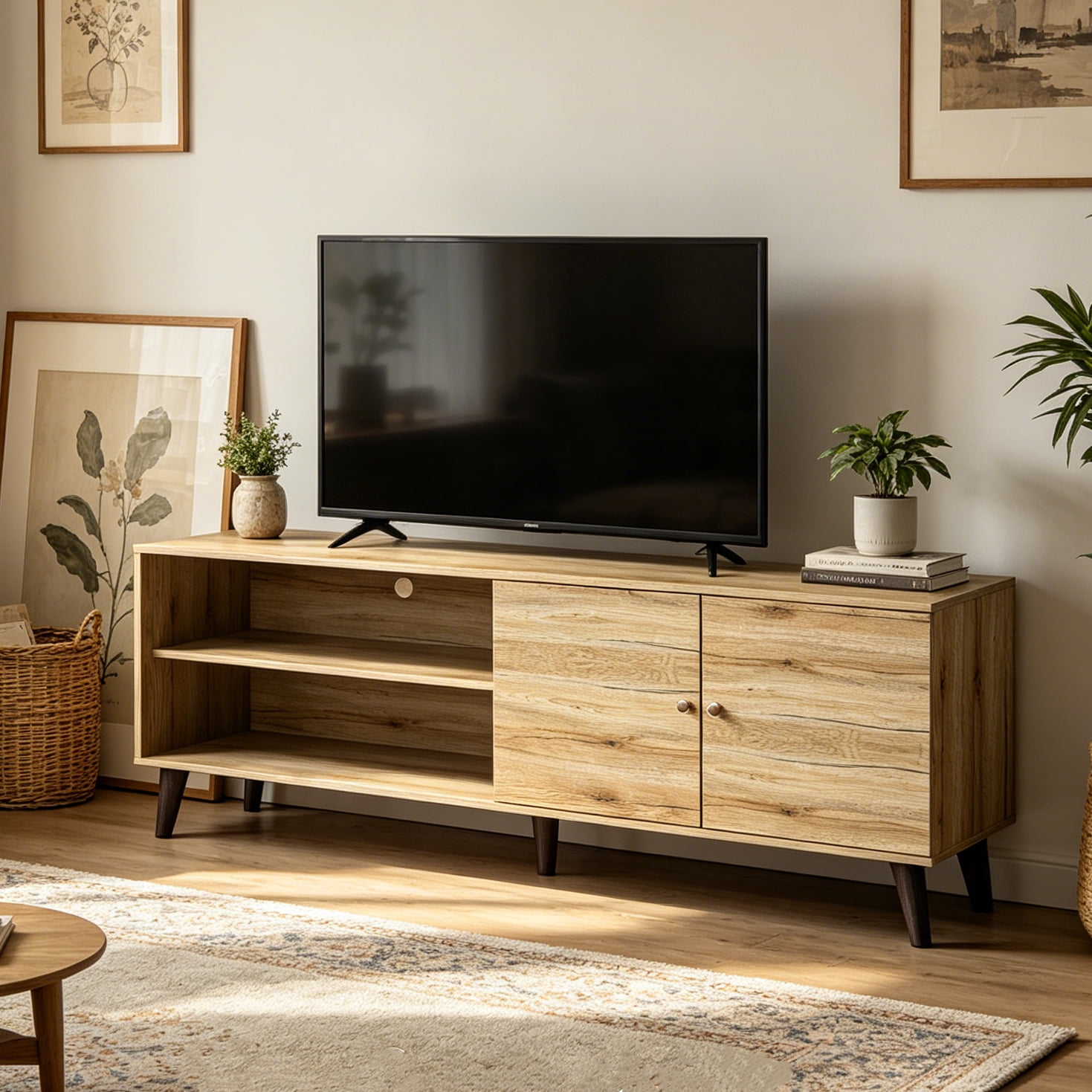 Aukfa Mid-Century Modern TV Stand for TVs up to 65", Wood Entertainment Center with 2 Doors, Low Profile Media Console,Natural