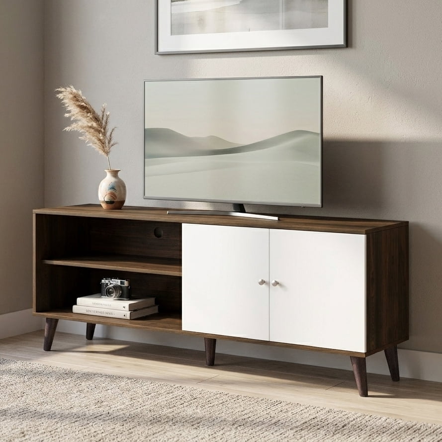 Aukfa Mid-Century Modern TV Stand for TVs up to 65", Wood Entertainment Center with 2 Doors, Low Profile Media Console,Walnut