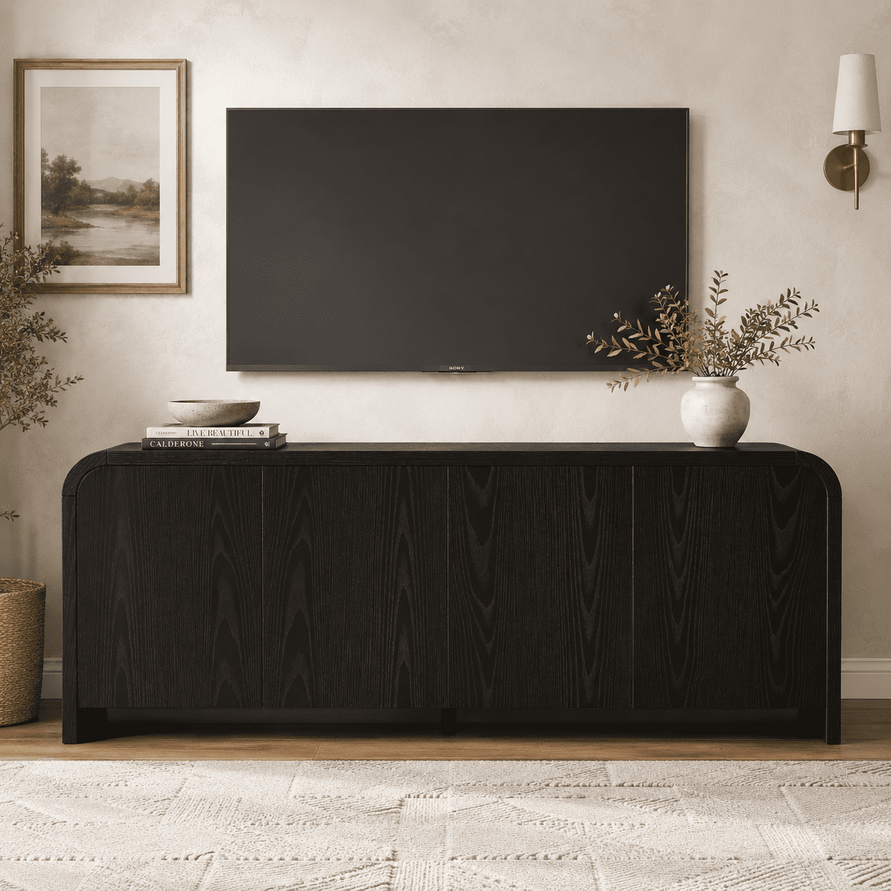 Aukfa Mid Century Modern TV Stand for TVs up to 70",Curved Design & Push-to-Open Doors, Black