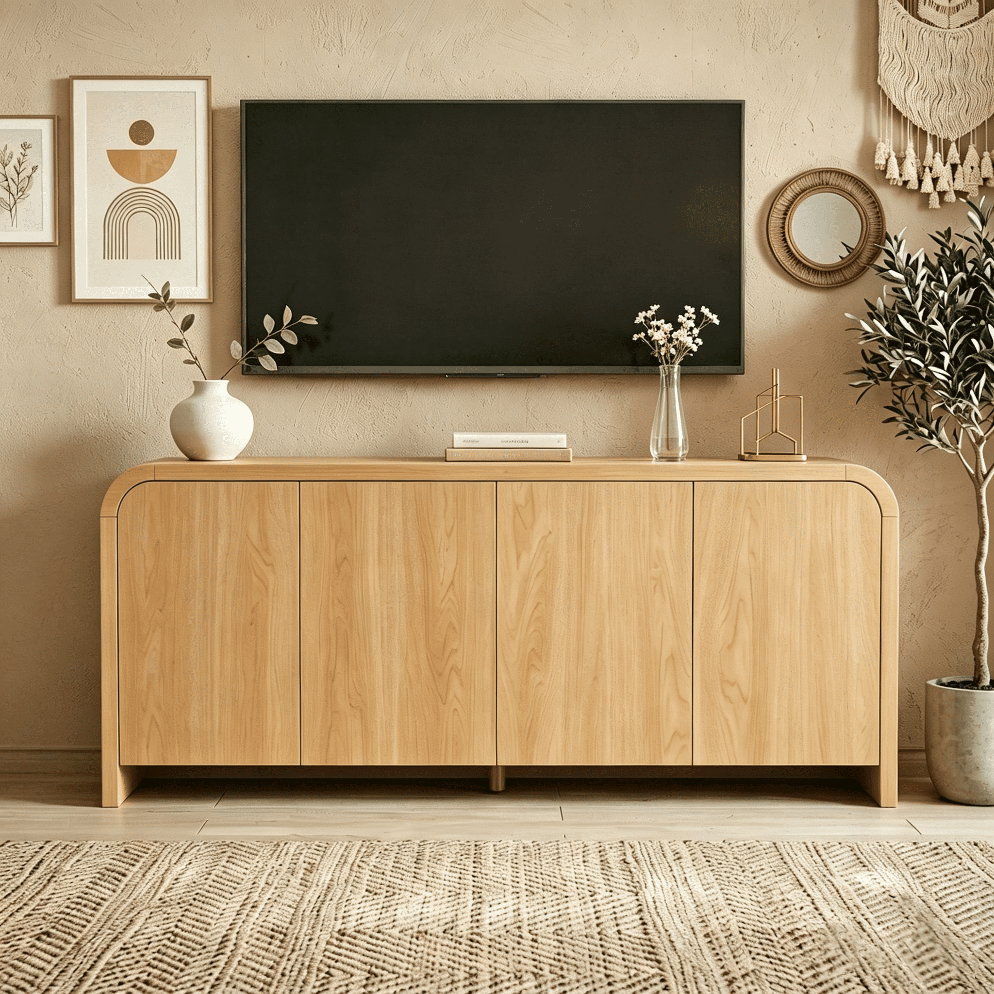 Aukfa Mid Century Modern TV Stand for TVs up to 70",Curved Design & Push-to-Open Doors, Natural
