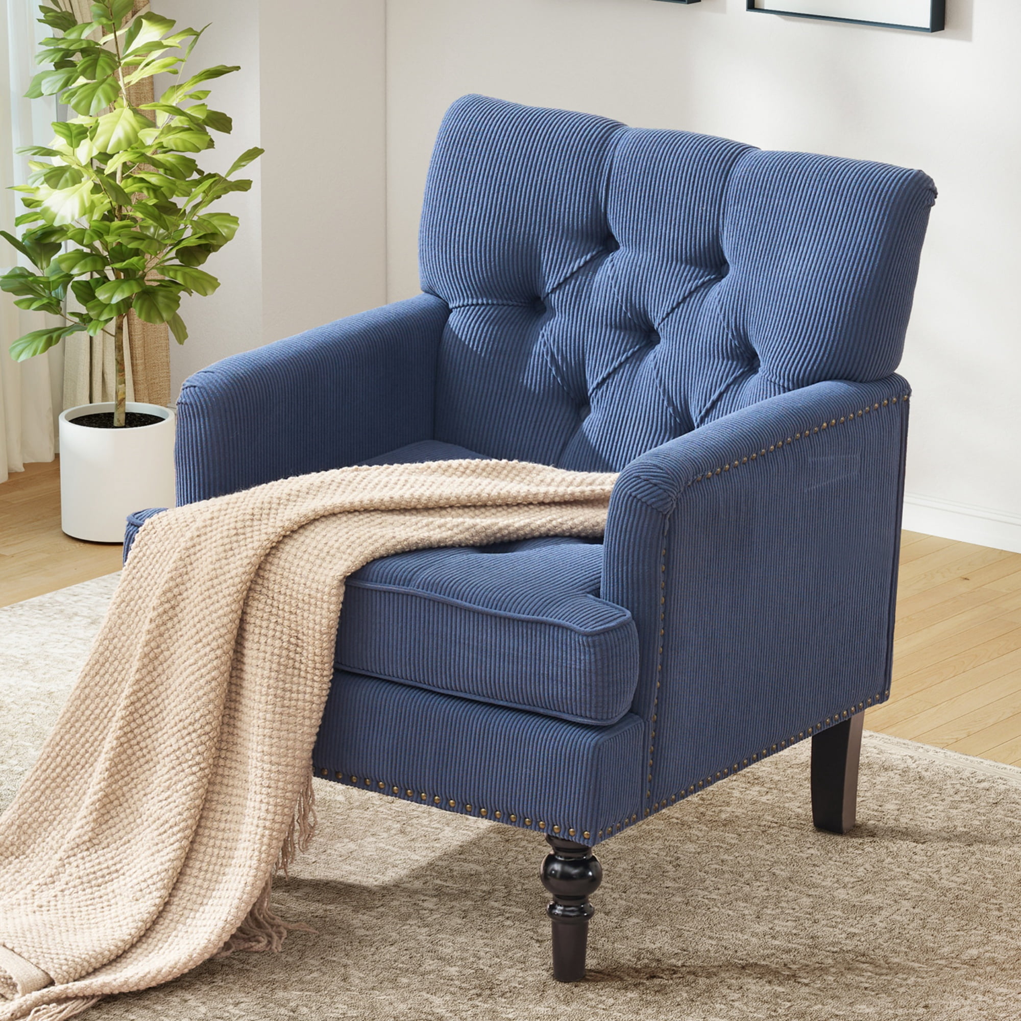 Aukfa Mid-Century Modern Tufted Accent Armchair, Upholstered Corduroy Chair for Living Room/Bedroom, Navy Blue