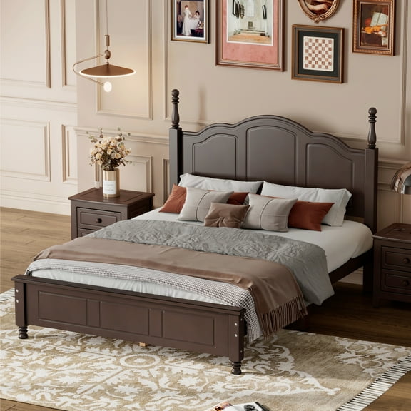 Aukfa Mid-Century Solid Wood Full Size Bed Frame with 43" Tall Herringbone Headboard, Heavy Duty, Dark Brown