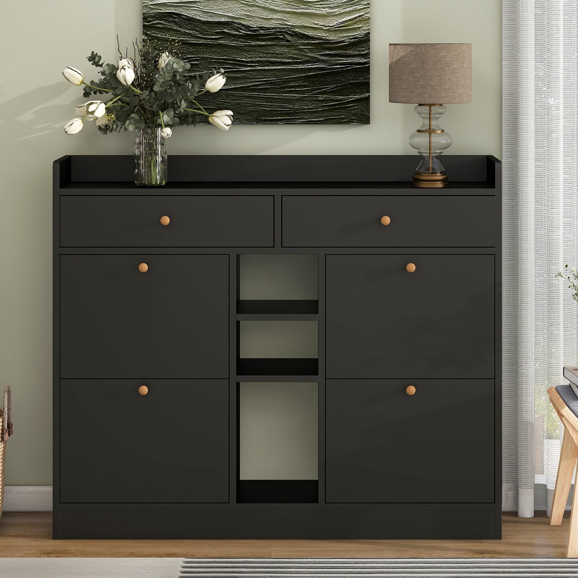 Aukfa Modern 4 Flip Drawers Shoe Cabinet for Entryway Free Standing Shoe Organizer - Black