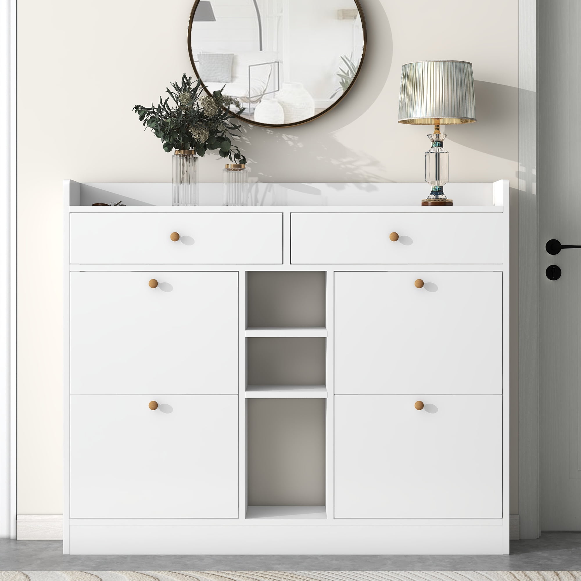 Aukfa Modern 4 Flip Drawers Shoe Cabinet for Entryway Free Standing Shoe Organizer - White