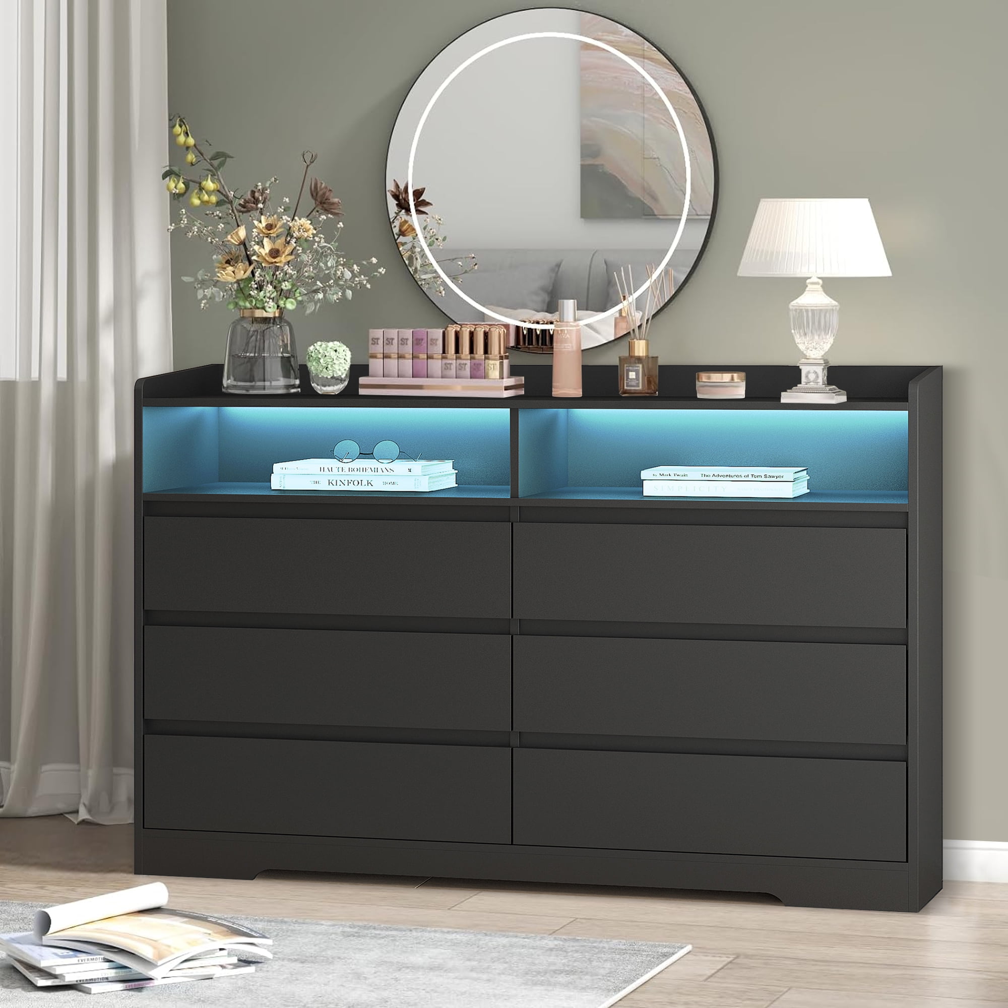 Free Shipping! Aukfa Modern 6-Drawer Dresser with LED Light for Bedroom or  Living Room, Black - Walmart.com