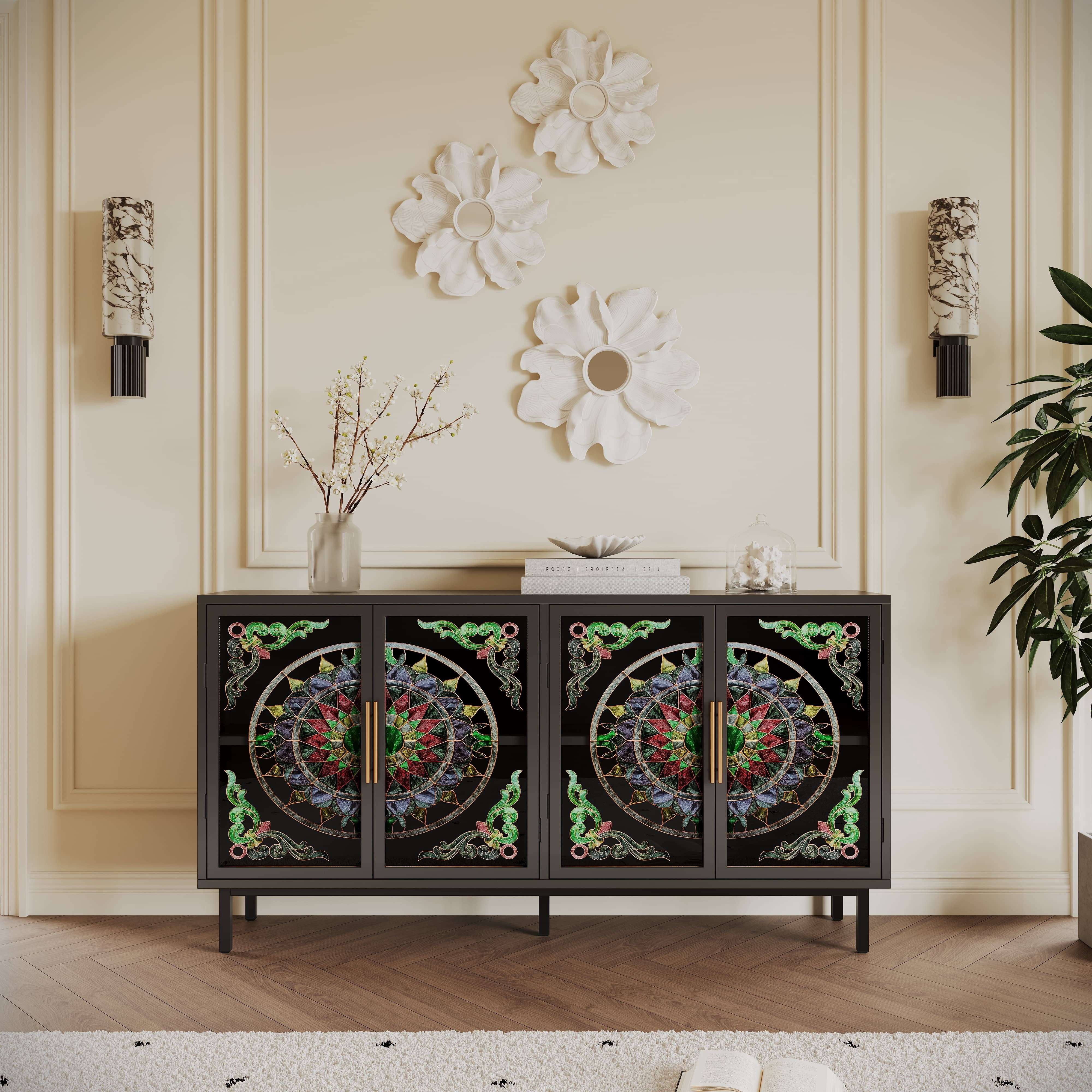 Aukfa Modern Accent Cabinet with Stained Glass Doors,Decorative Storage Sideboard for Living Room/Dining Room/Entryway,Black
