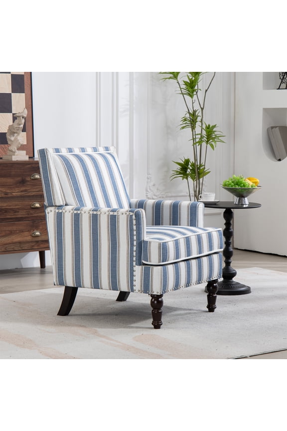 Accent Chair Mid-Century Modern High Back Armchair Lounge for Living Room, Rivet Trim, Blue Stripes