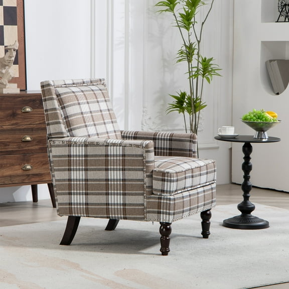 Aukfa Accent Chair Mid-Century Modern High Back Armchair Lounge for Living Room, Rivet Trim, Coffee