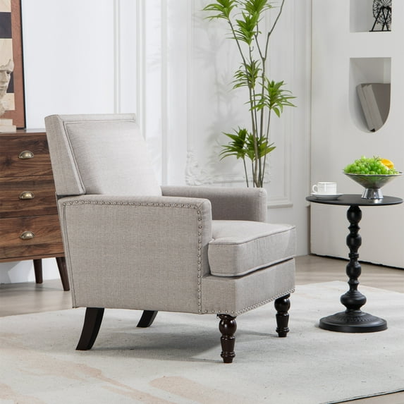 Aukfa Accent Chair Mid-Century Modern High Back Armchair Lounge for Living Room, Rivet Trim, Khaki