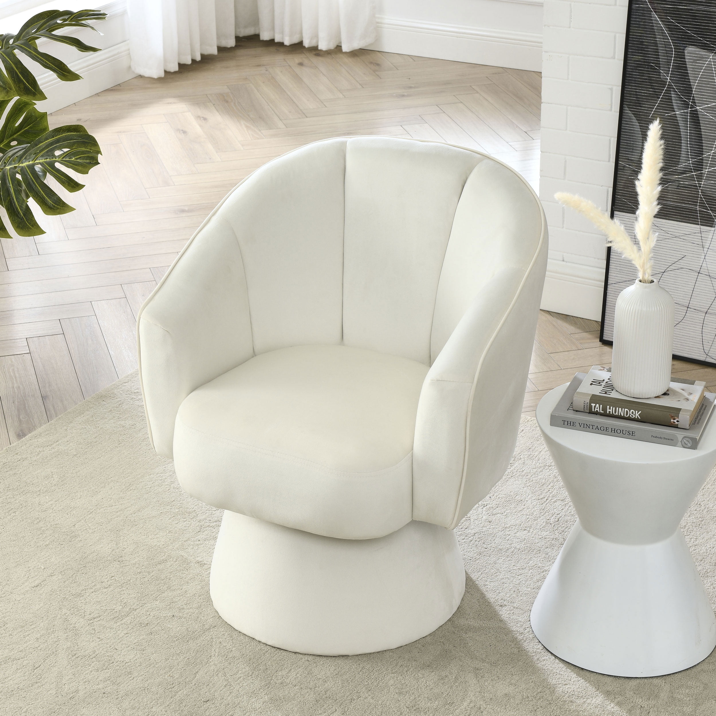 Aukfa Modern Accent Chair Tub Barrel Chair Petal Lounge Chair Velvet Biege