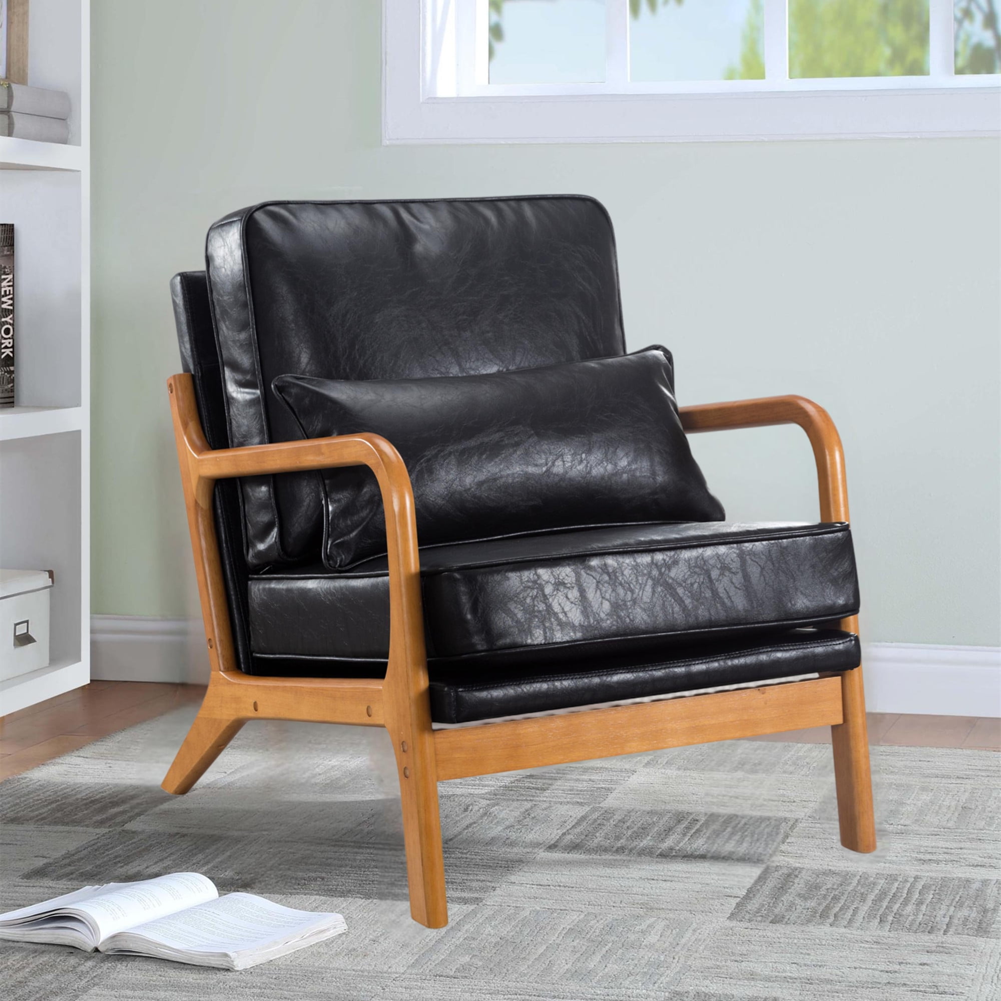Aukfa Leather Mid Century Modern Accent Chair w/ Lumbar Pillow&Wood ...