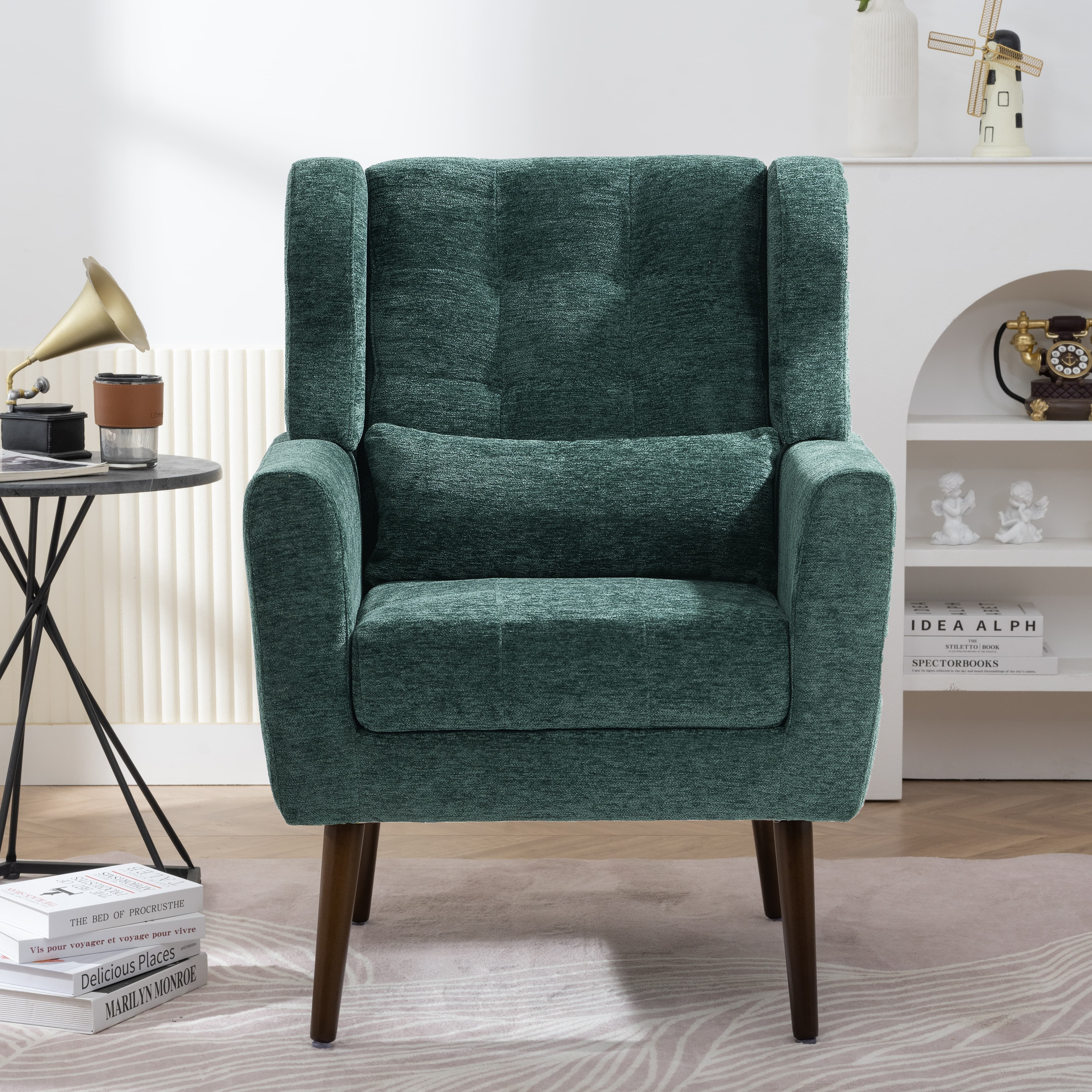 Aukfa Modern Accent Chairs,Chenille Arm Chairs for Living Room w/ Pillow for Bedroom,Blackish Green