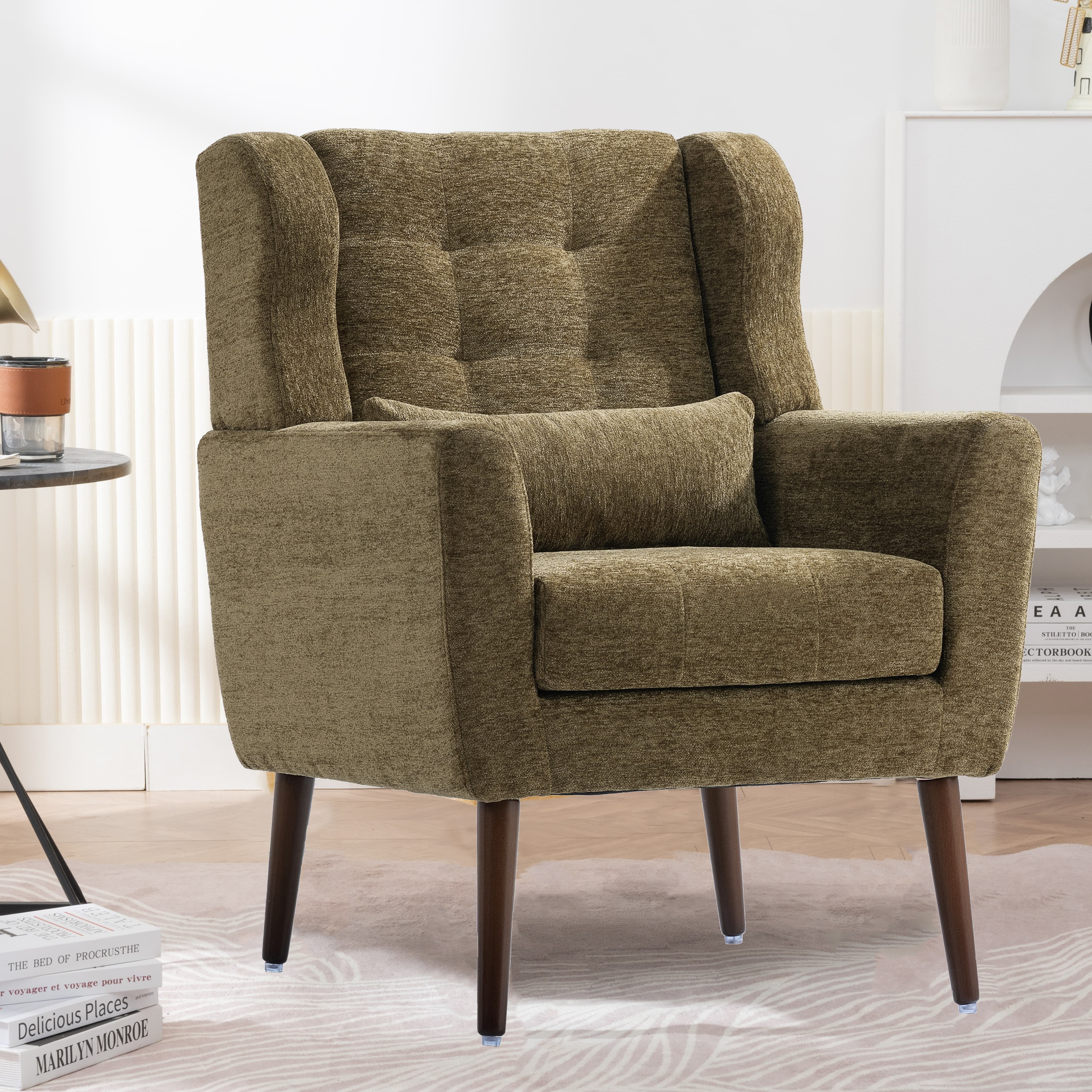 Aukfa Modern Accent Chairs,Chenille Arm Chairs for Living Room w/ Pillow for Bedroom,Olive Green
