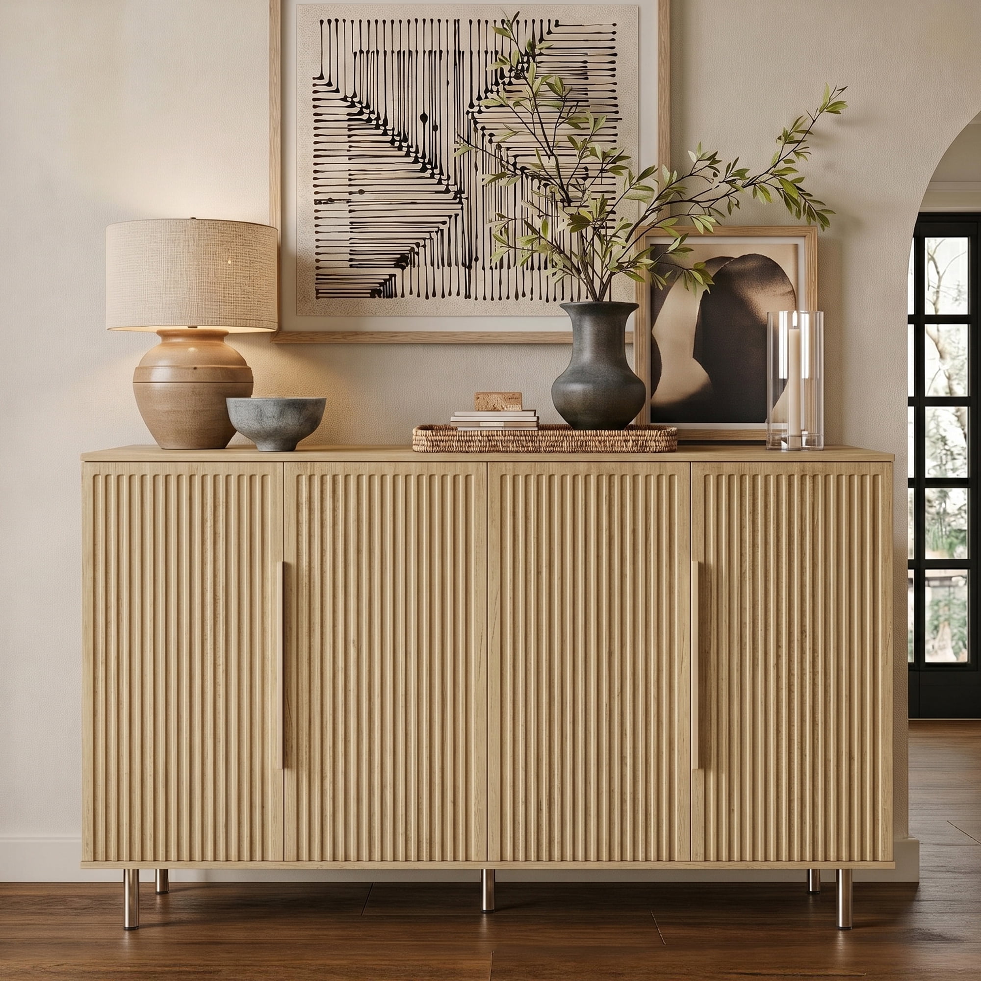 Aukfa 56.7" Modern Sideboard Buffet Cabinet with Adjustable Shelves, Accent Credenza Organizer,Natural