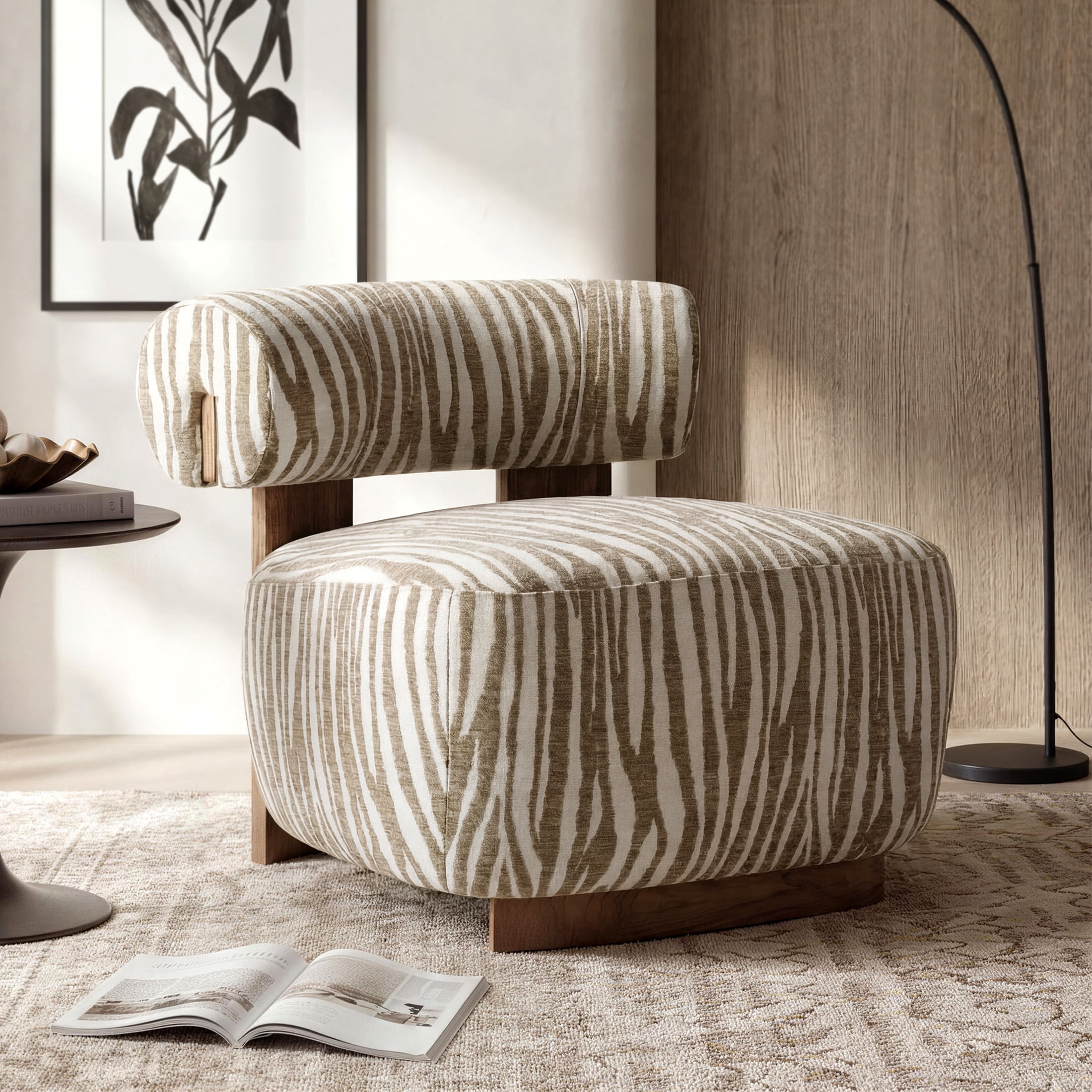Aukfa Modern Chenille Accent Chair with Zebra-Stripe, Cylindrical Backrest for Living Room, Beige