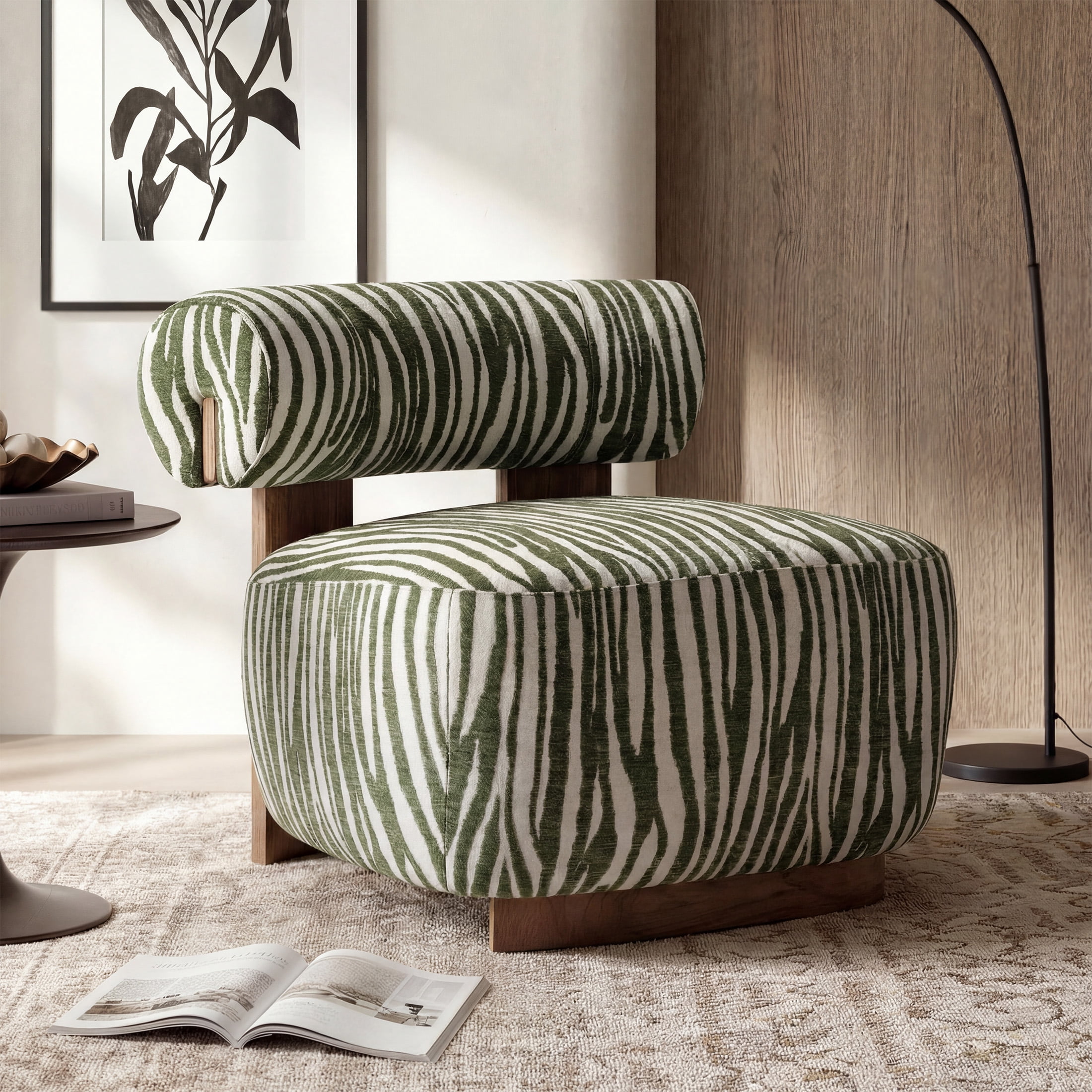 Aukfa Modern Chenille Accent Chair with Zebra-Stripe, Cylindrical Backrest for Living Room, Green