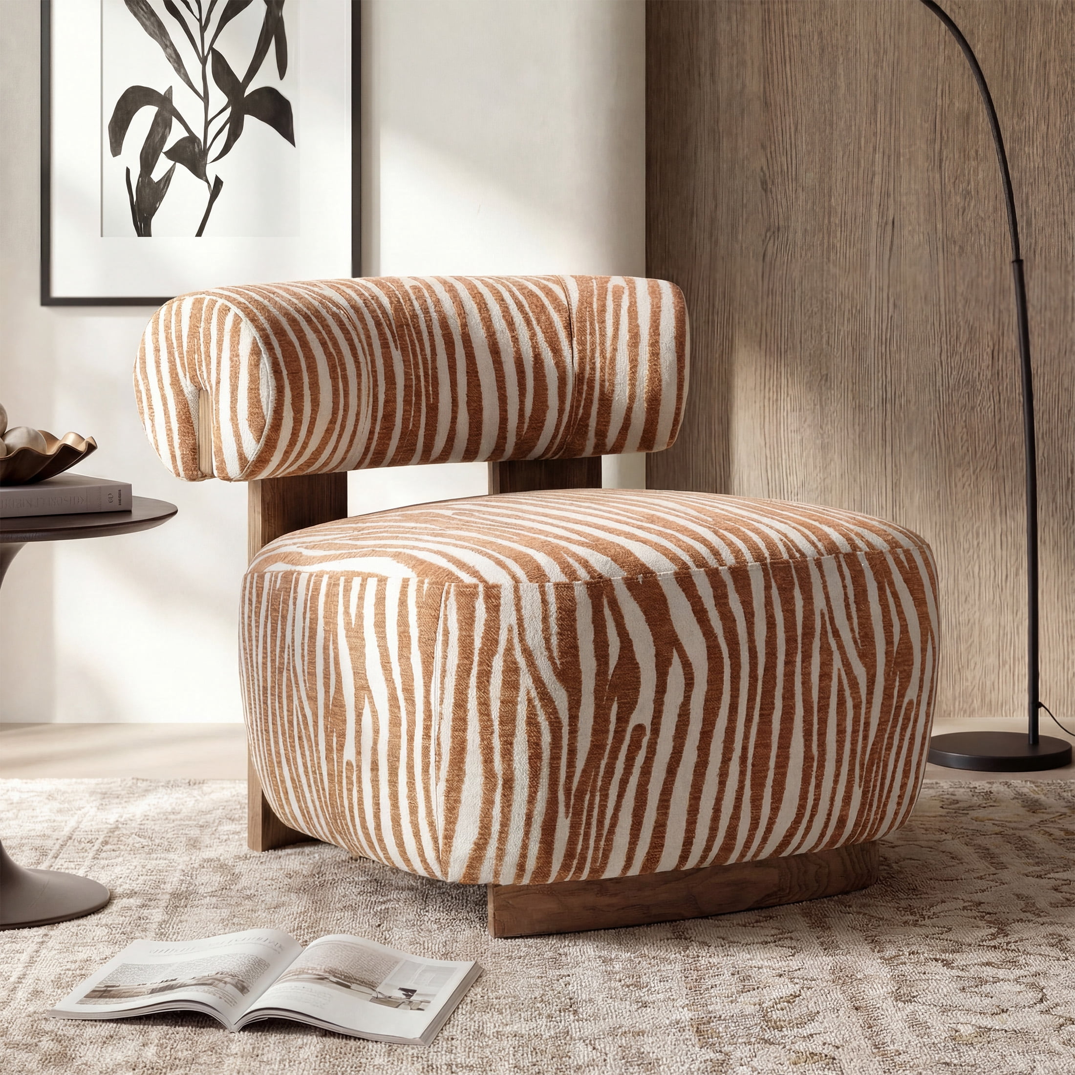 Aukfa Modern Chenille Accent Chair with Zebra-Stripe, Cylindrical Backrest for Living Room, Orange