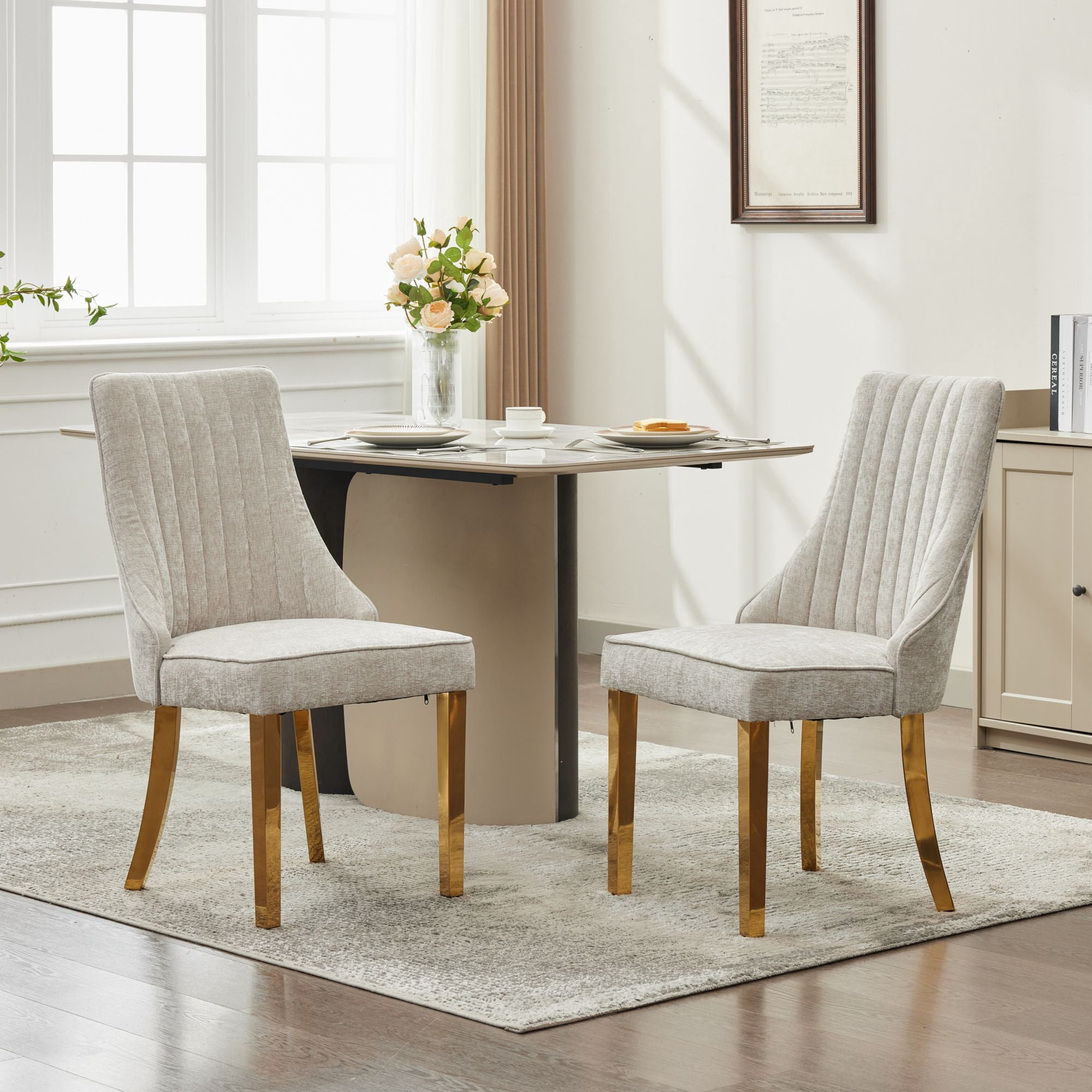 Aukfa Modern Chenille Dining Chairs Set of 2, Upholstered Kitchen Side Chair Accent Chair w/ Golden Steel Legs,Beige