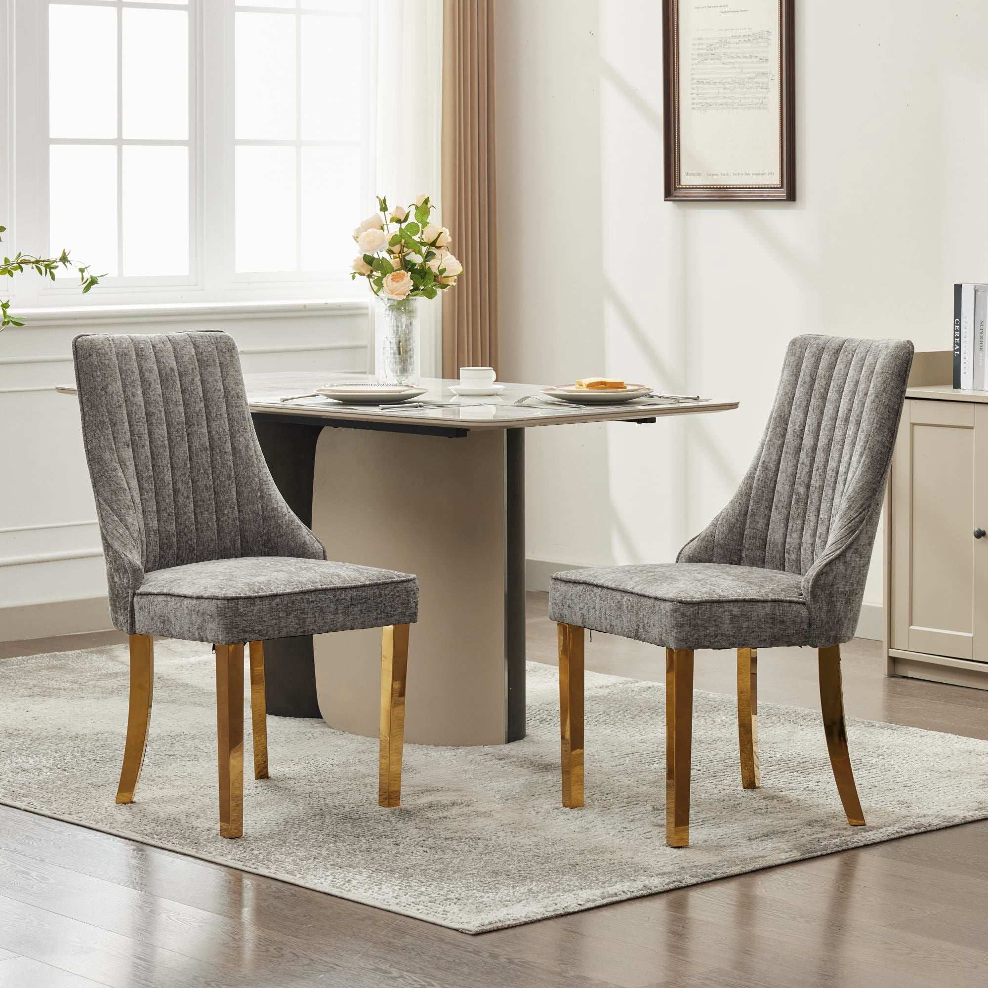 Aukfa Modern Chenille Dining Chairs Set of 2, Upholstered Kitchen Side Chair Accent Chair w/ Golden Steel Legs,Gray