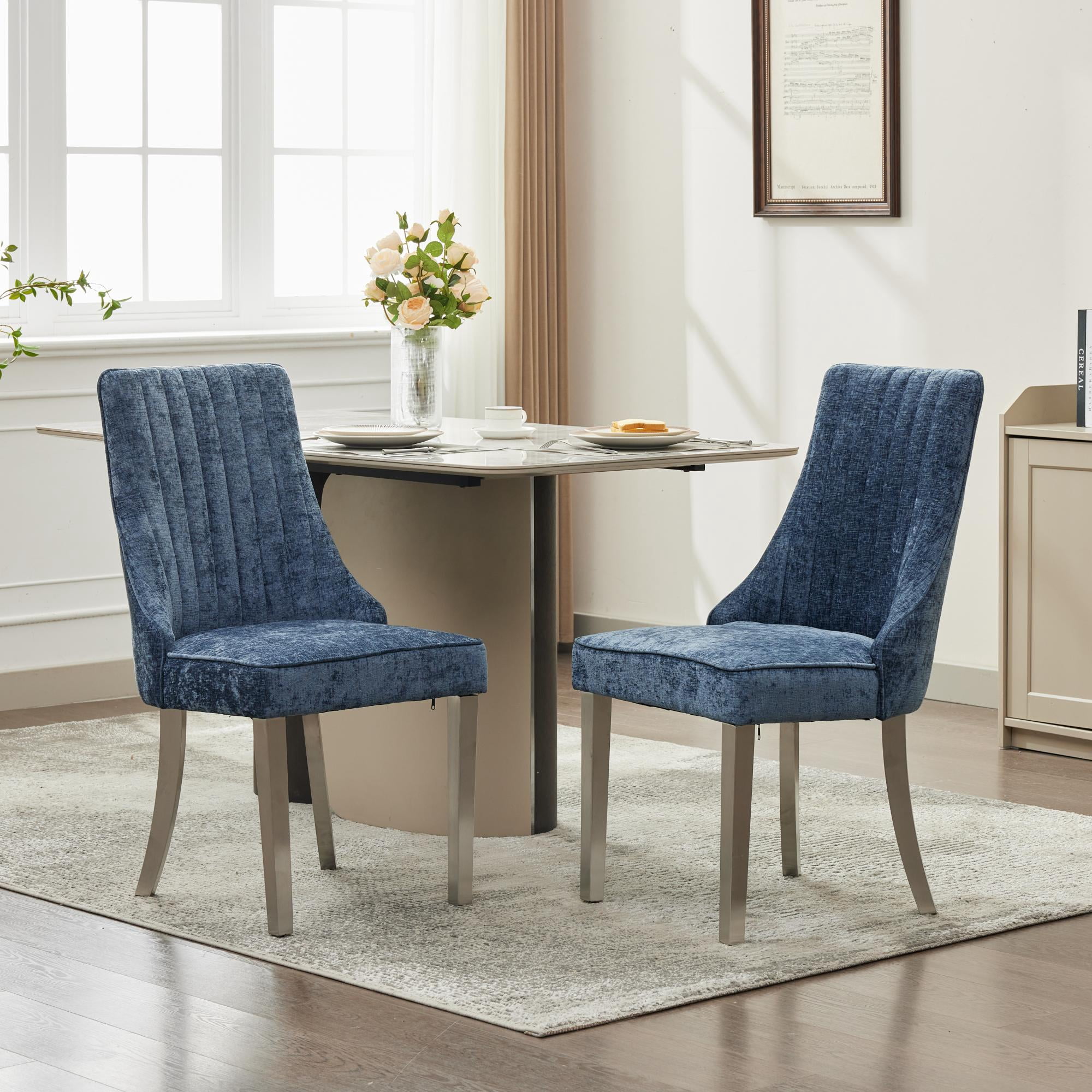 Aukfa Modern Chenille Dining Chairs Set of 2, Upholstered Kitchen Side Chair Accent Chair w/ Stainless Steel Legs,Blue